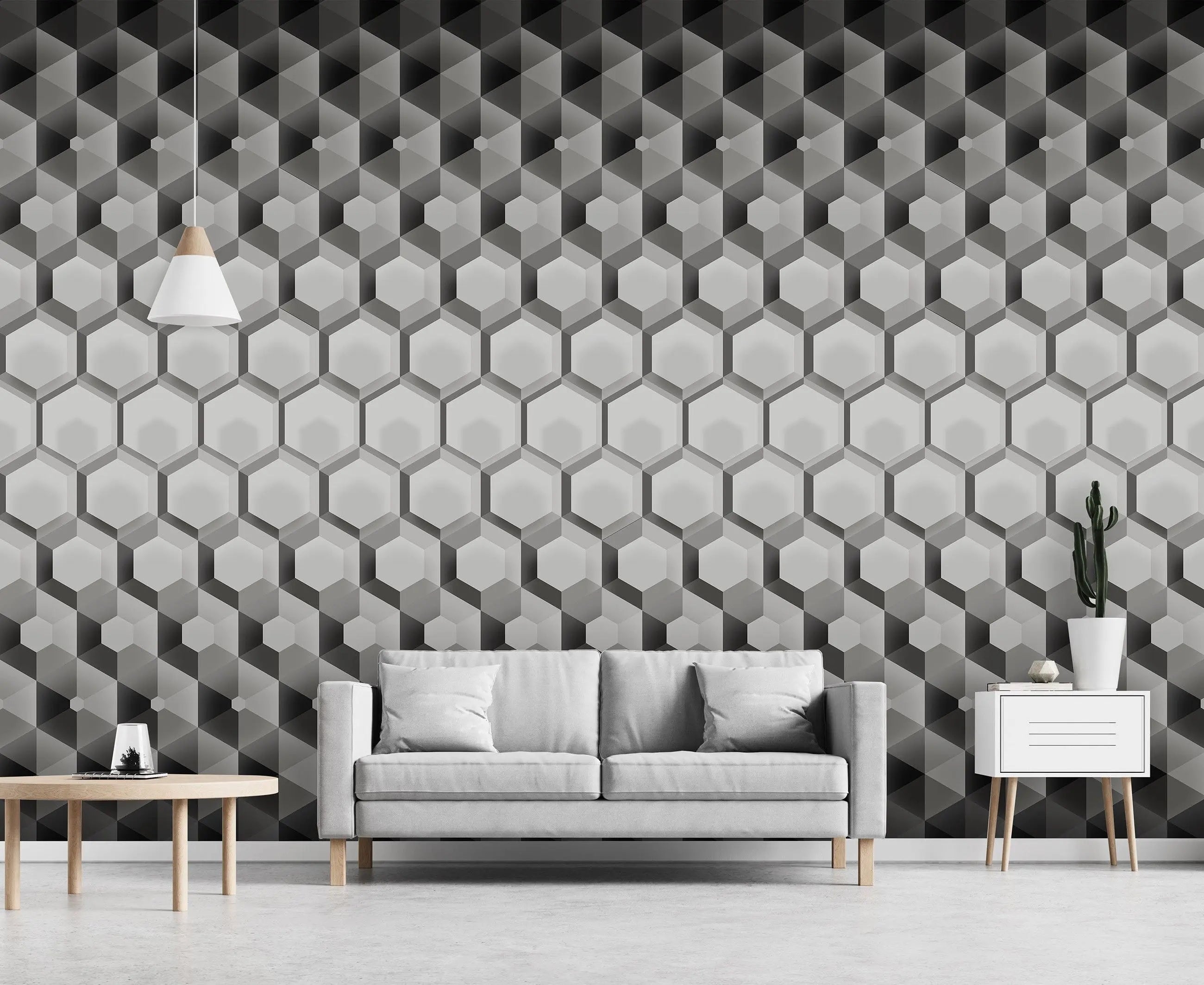 Billede 11 af Fototapet - Sort og hvidt hexagonalt 3D-mønster