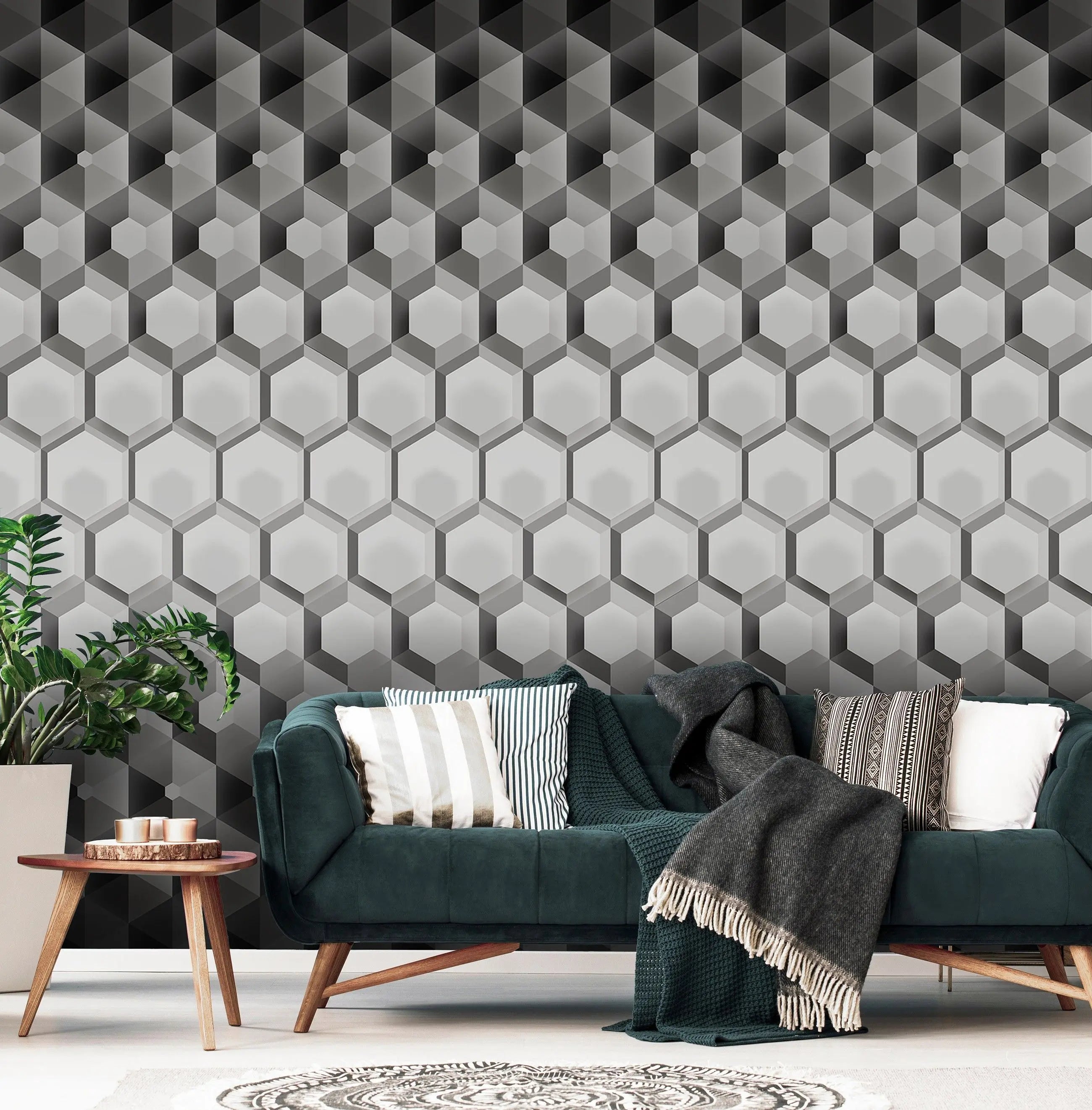 Billede 12 af Fototapet - Sort og hvidt hexagonalt 3D-mønster