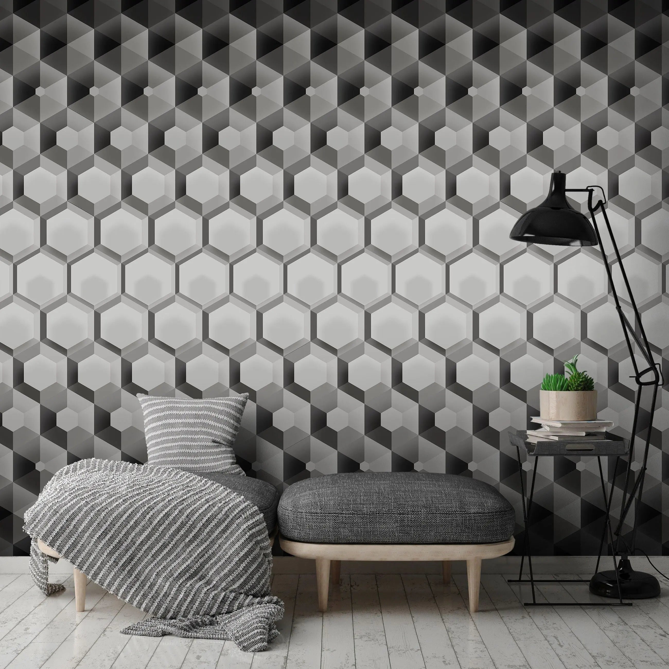 Billede 13 af Fototapet - Sort og hvidt hexagonalt 3D-mønster