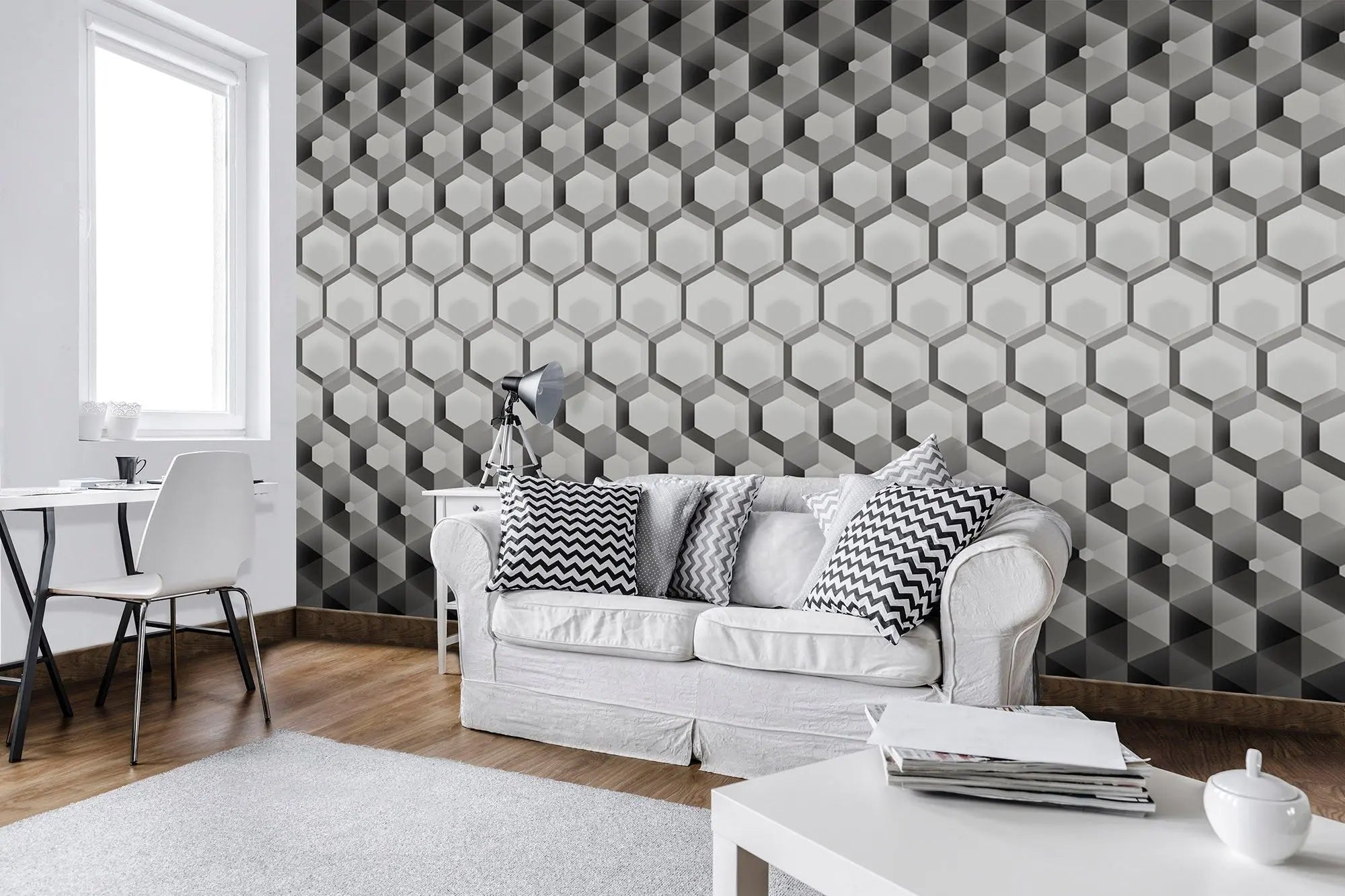 Billede 2 af Fototapet - Sort og hvidt hexagonalt 3D-mønster