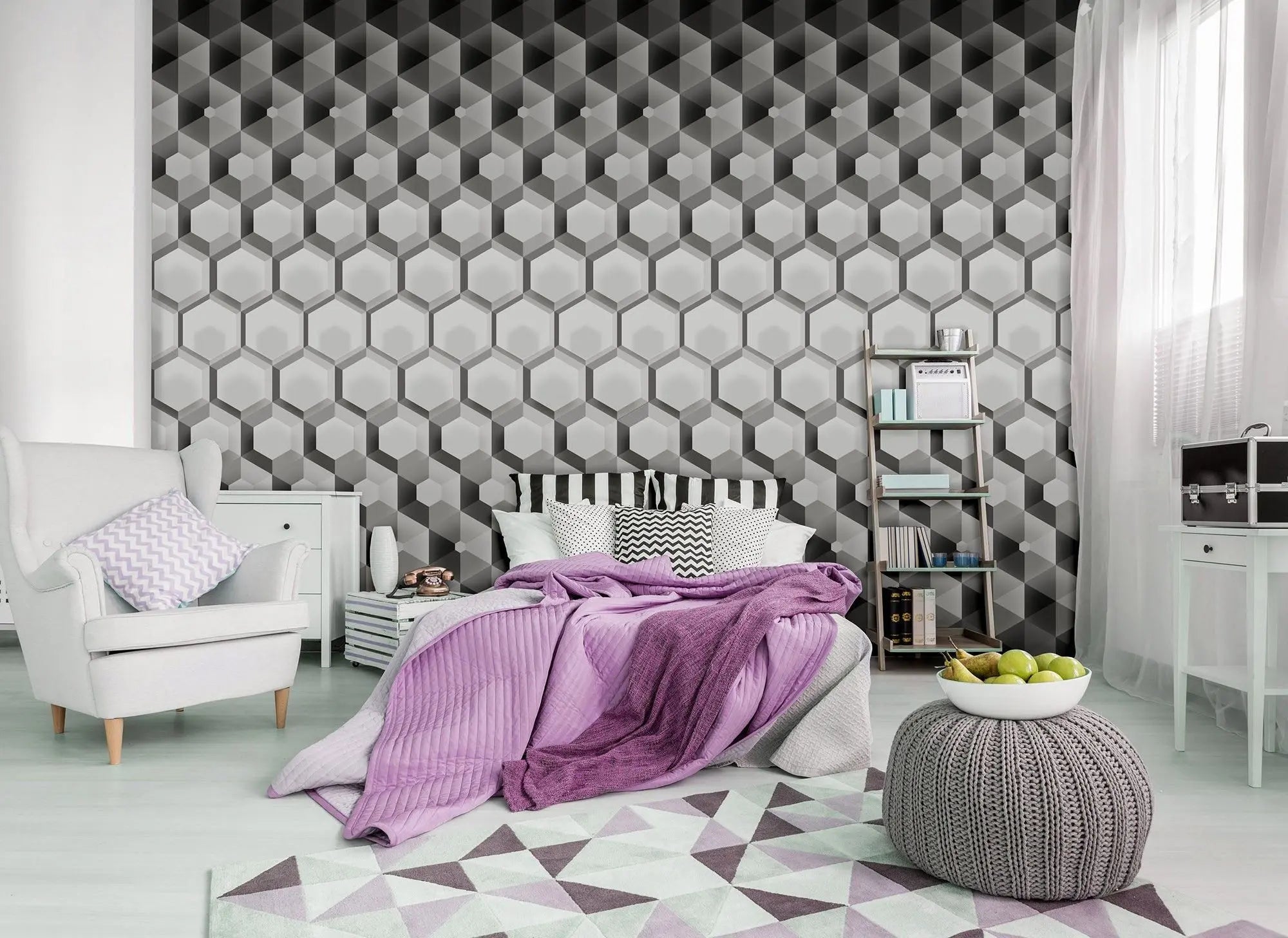 Billede 3 af Fototapet - Sort og hvidt hexagonalt 3D-mønster