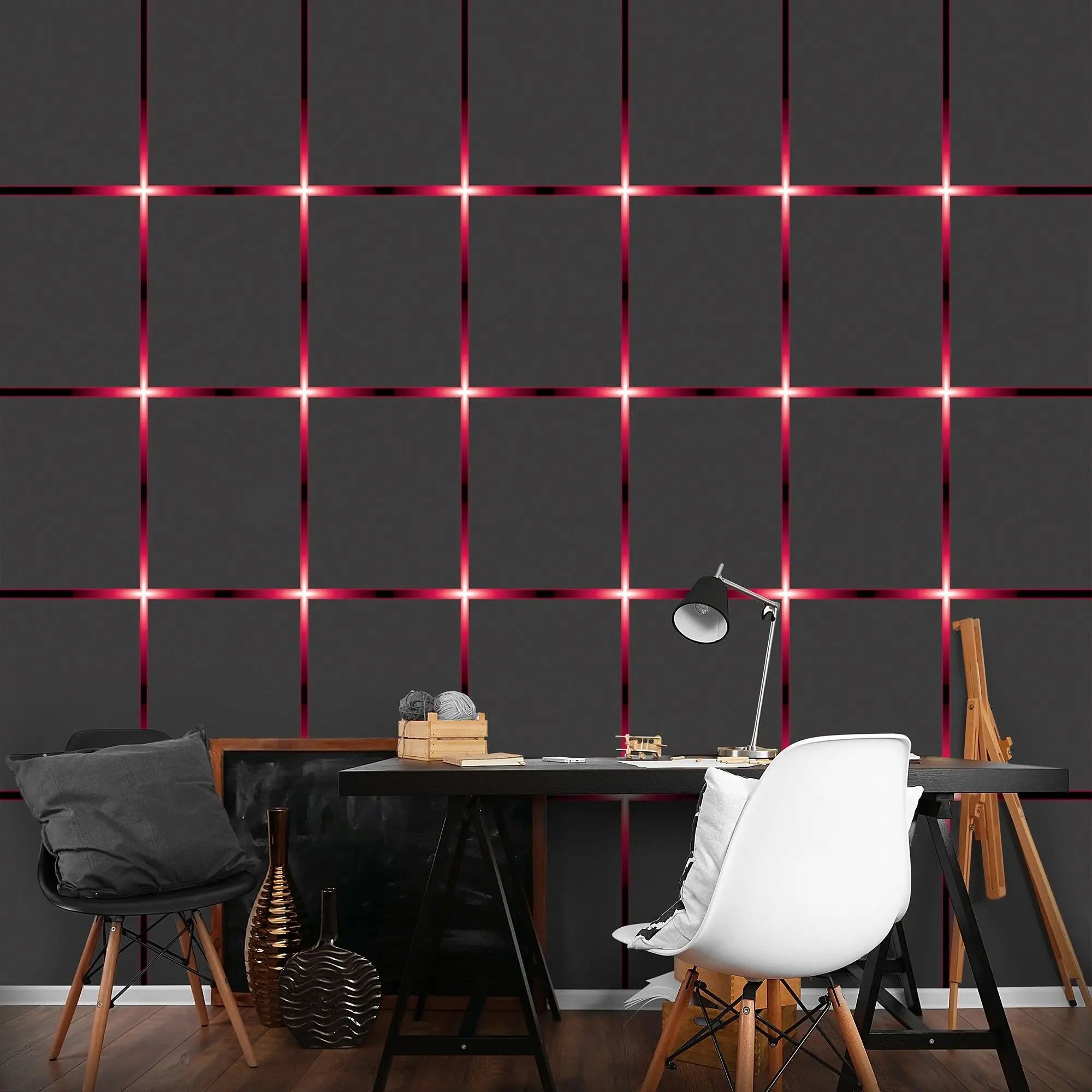 Billede 5 af Fototapet - Sort og rød lysende gittermønster