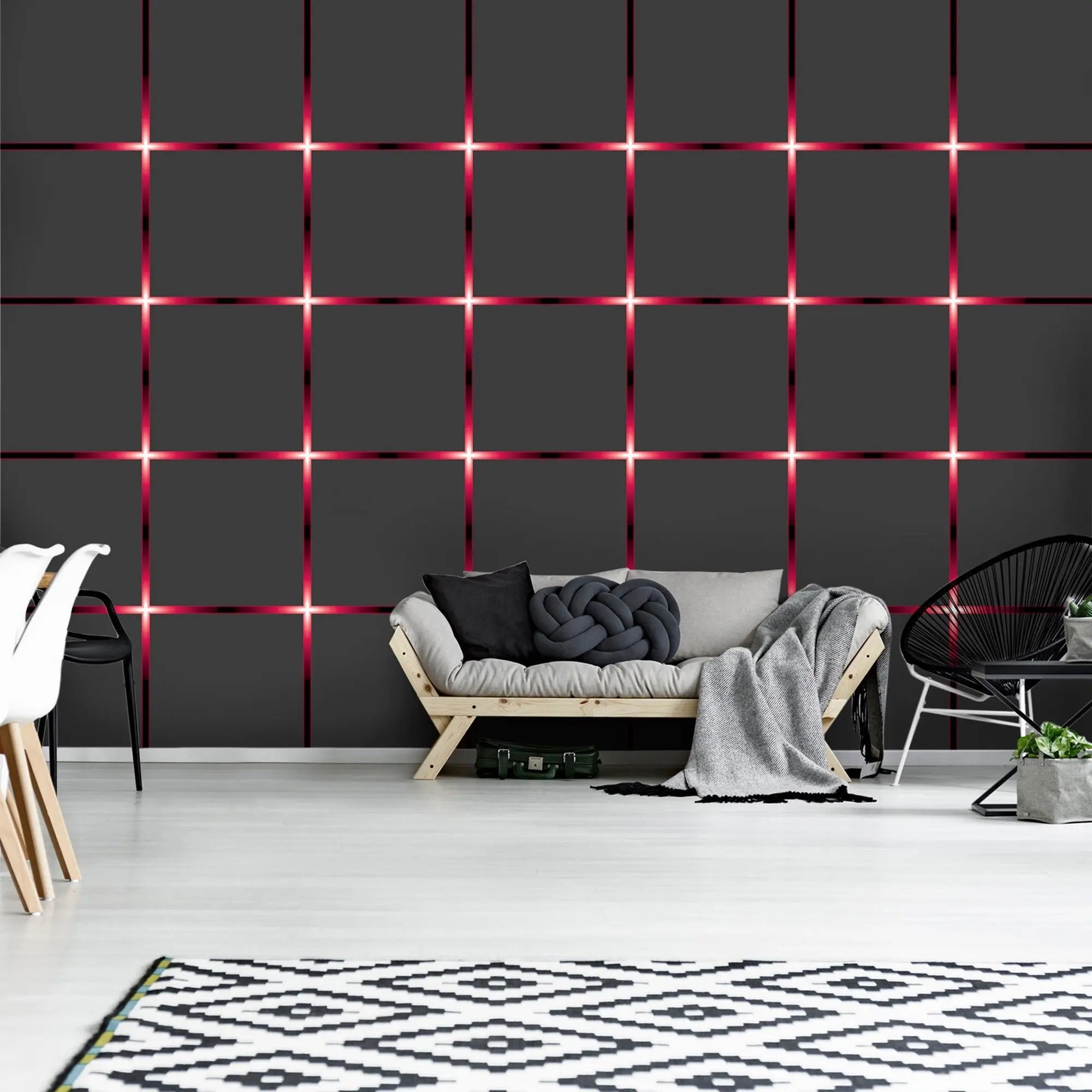 Billede 6 af Fototapet - Sort og rød lysende gittermønster