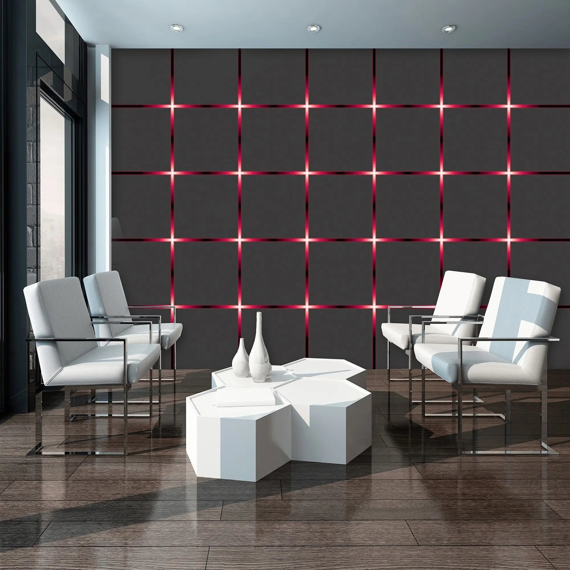 Billede 7 af Fototapet - Sort og rød lysende gittermønster