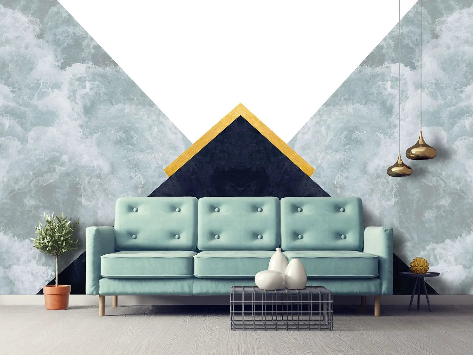 Billede 3 af Fototapet - Sort trekant med guldkant og blågrønne bølger