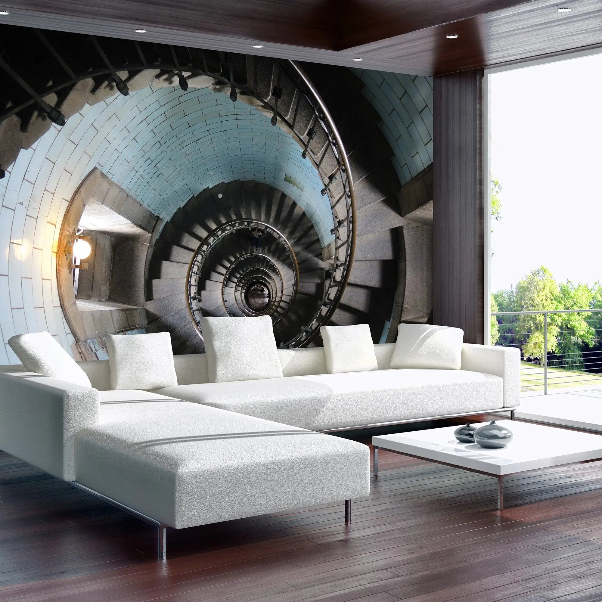 Billede 3 af Fototapet - Spiraltrappe i stentrapper med blå flisevæg