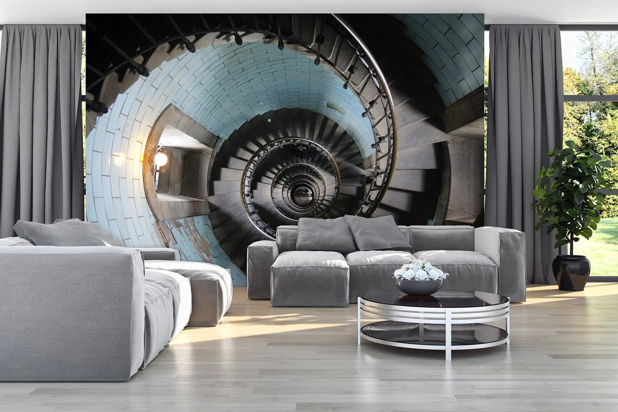 Billede 4 af Fototapet - Spiraltrappe i stentrapper med blå flisevæg