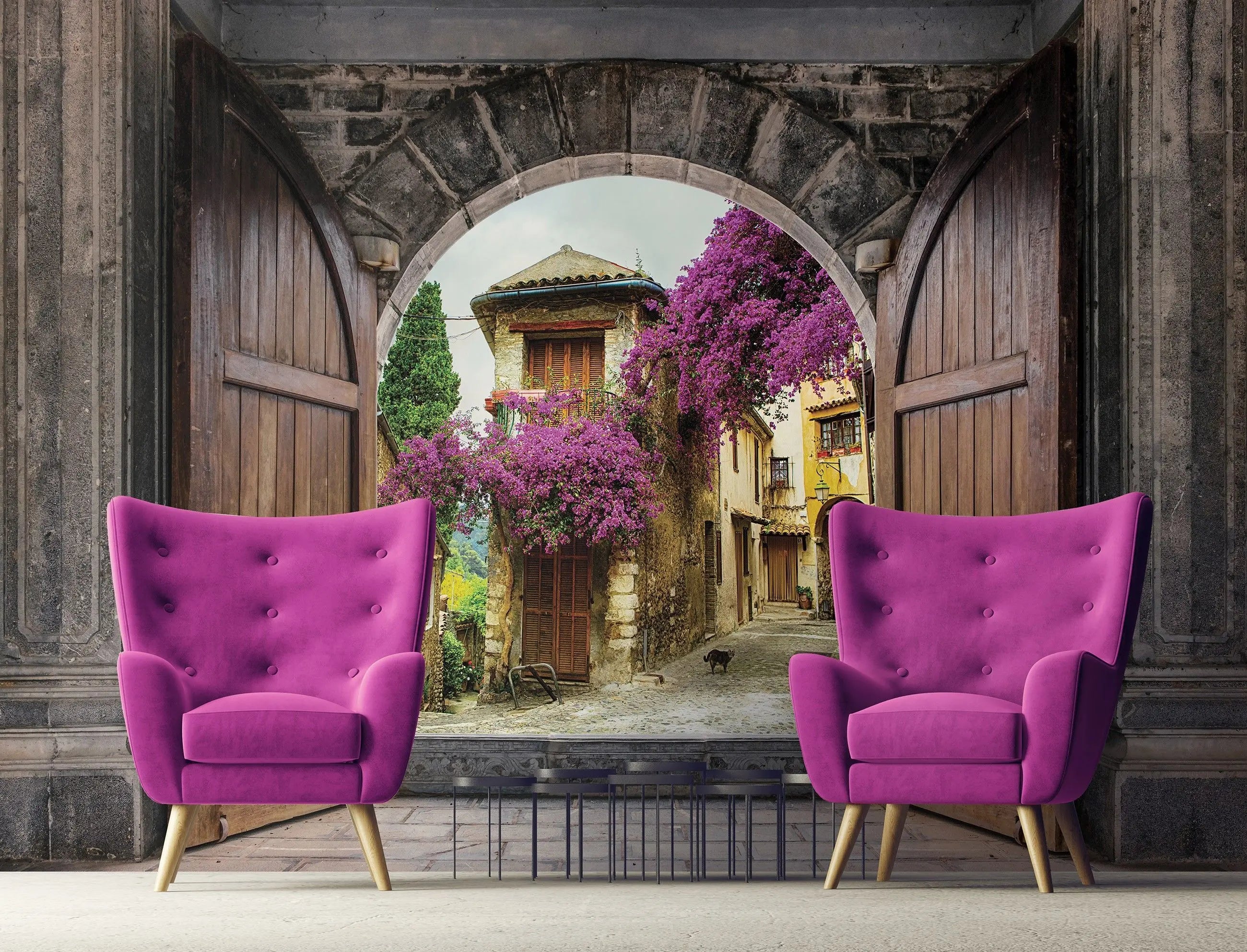 Billede 3 af Fototapet - Stenbuer med træporte og blomstrende bougainvillea
