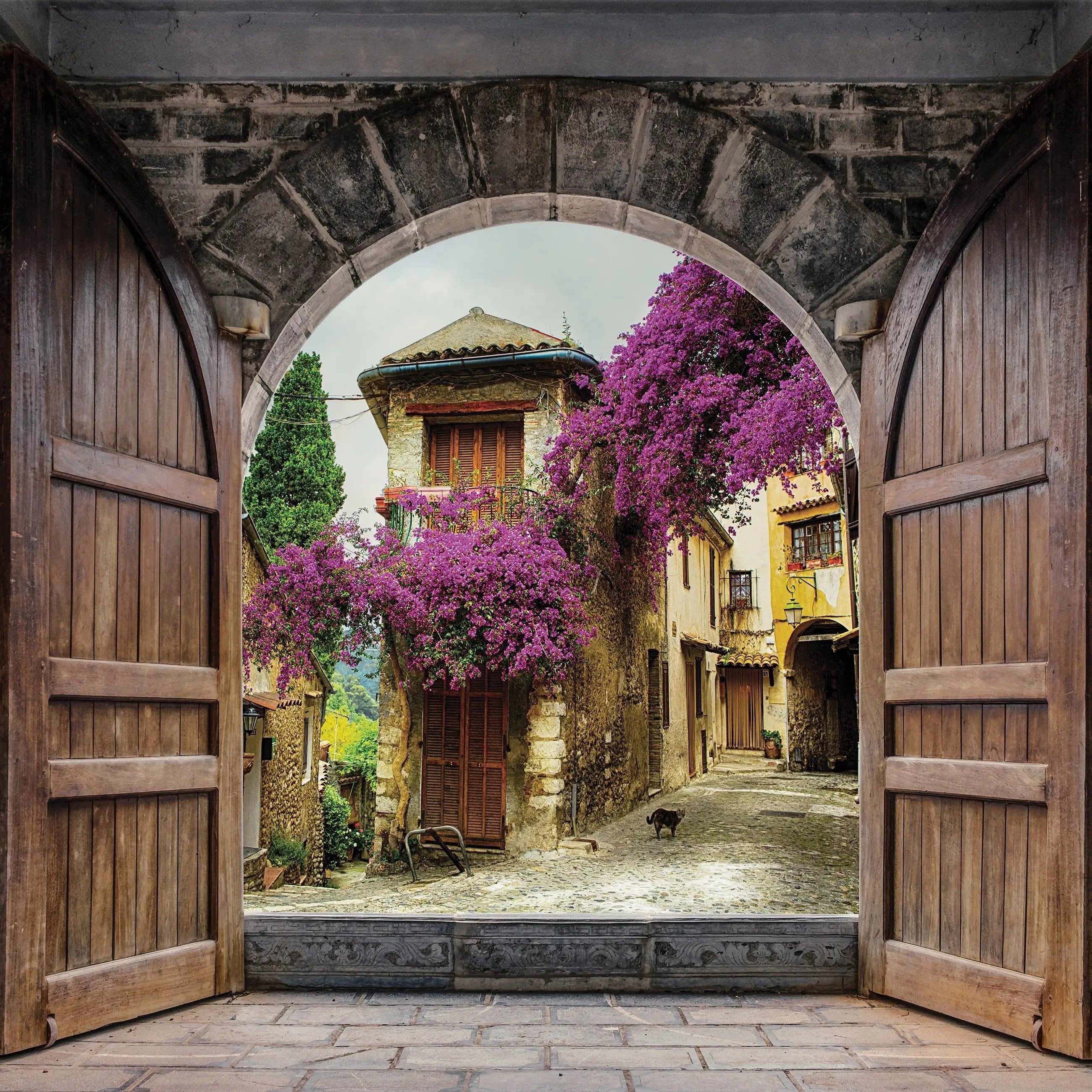 Billede 7 af Fototapet - Stenbuer med træporte og blomstrende bougainvillea