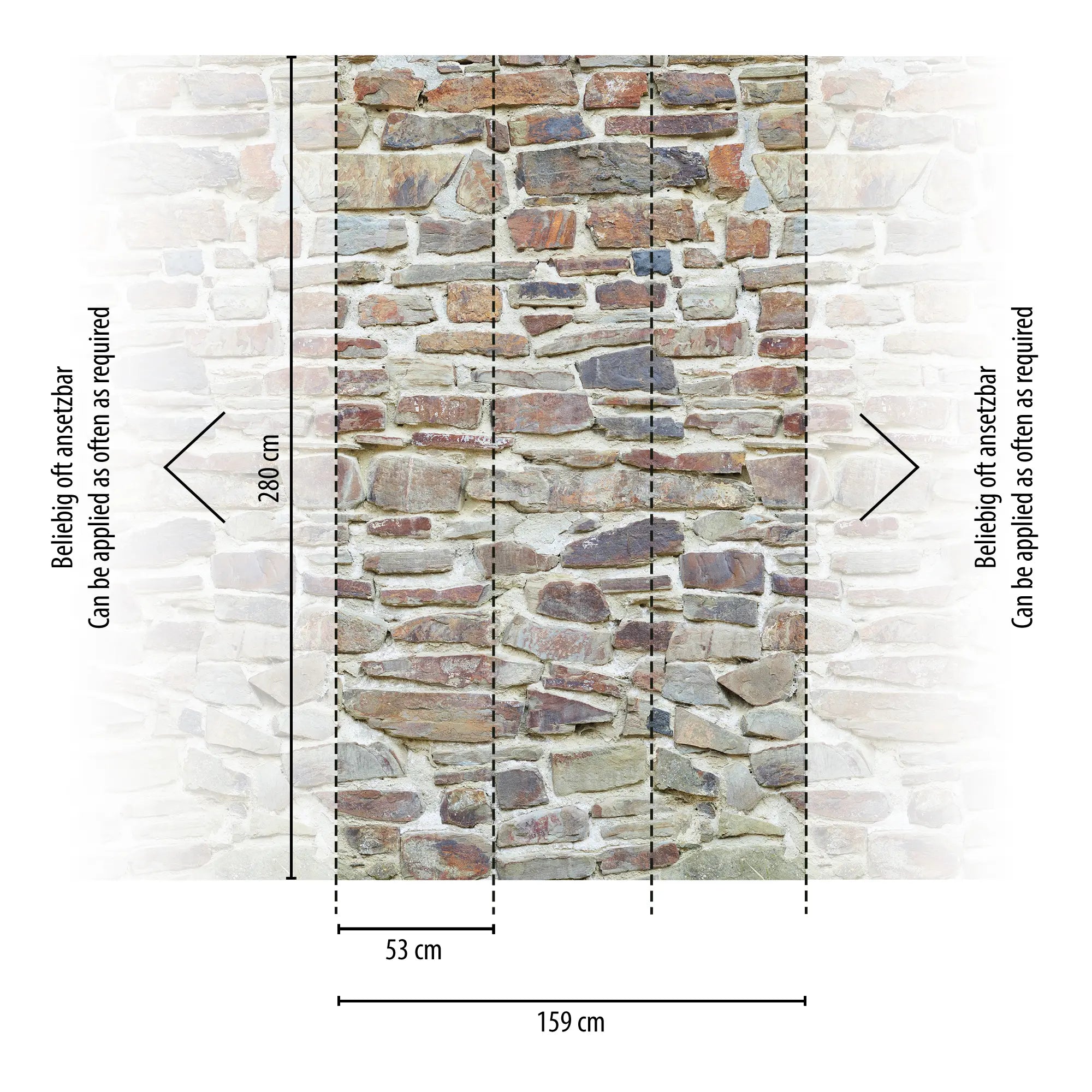 Stone Harmony tapetet vist med specifikke mål og monteringslinjer, der angiver en højde på 280 cm og en bredde på 159 cm, for nem anvendelse.