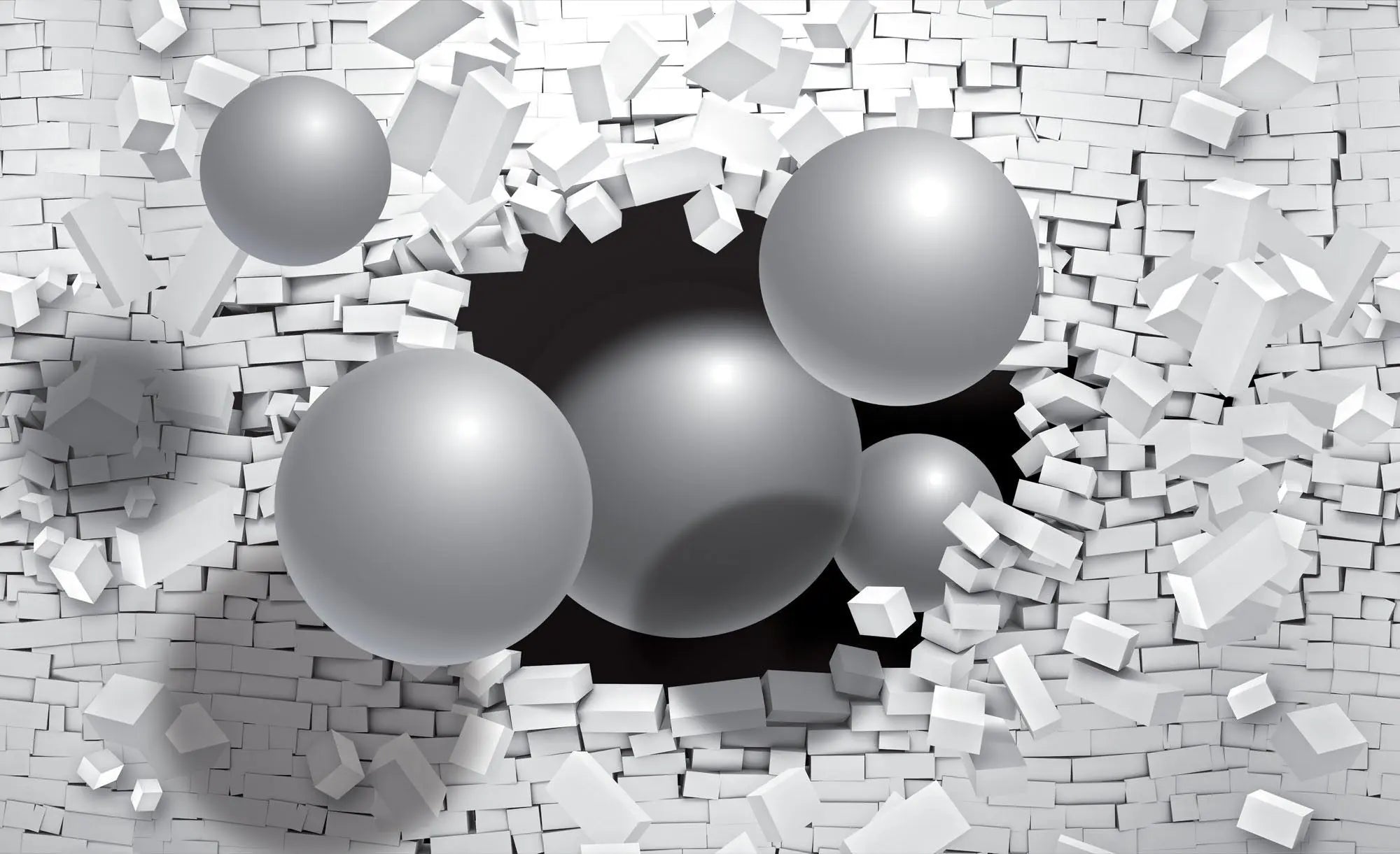 Billede 1 af Fototapet - Store grå kugler bryder gennem hvid murstensvæg