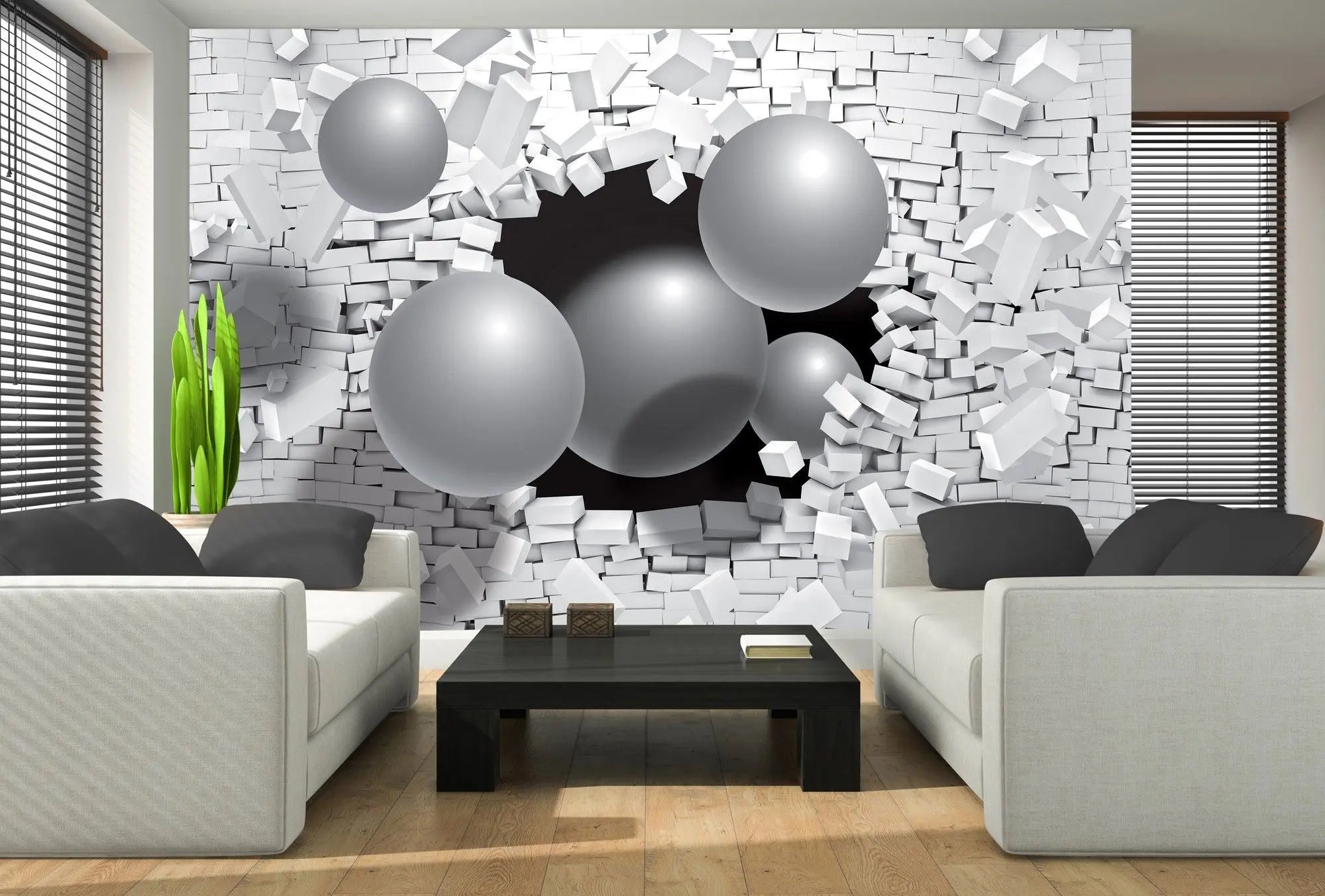 Billede 2 af Fototapet - Store grå kugler bryder gennem hvid murstensvæg