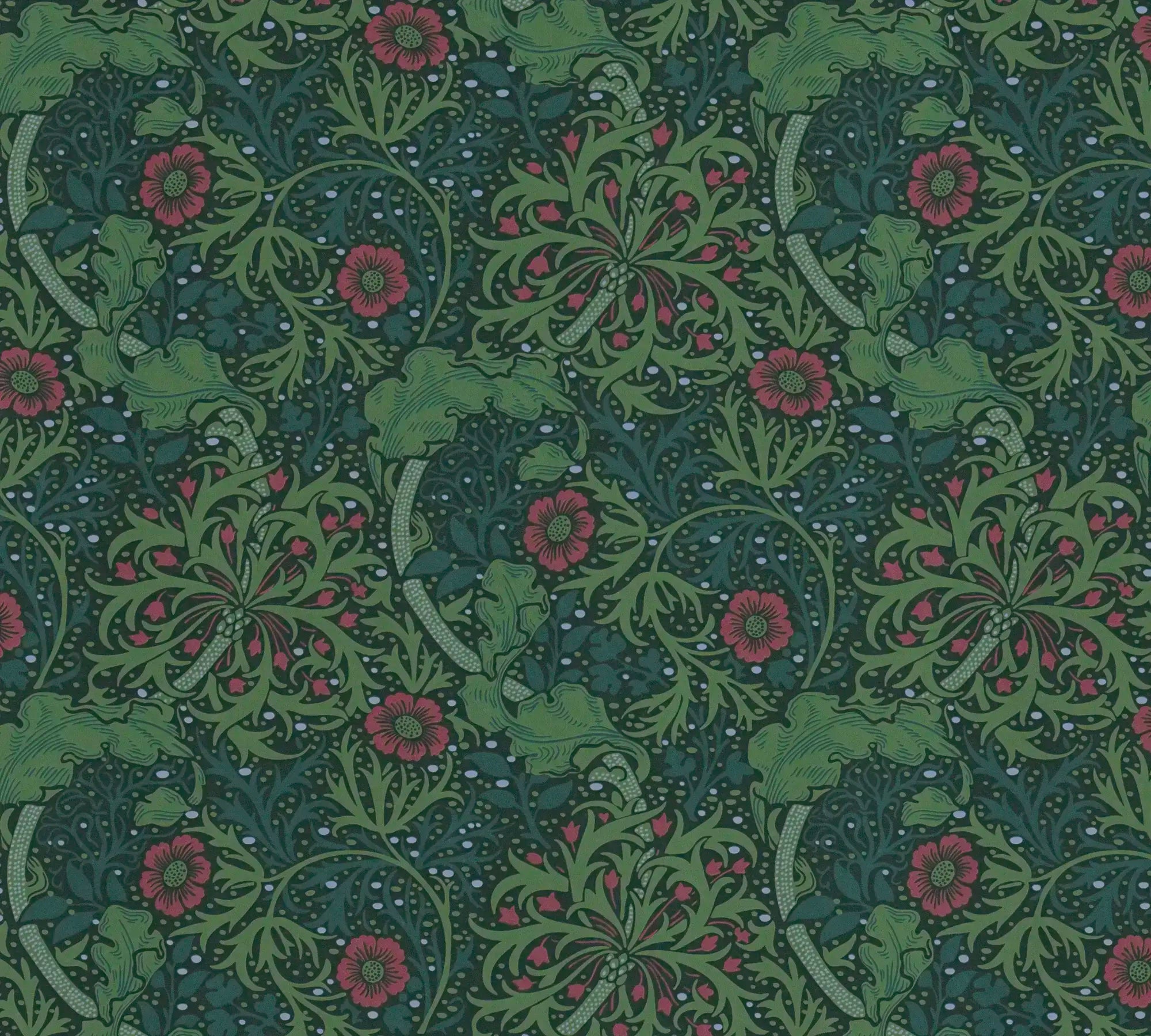Detaljeret billede af Symphony of Eve - Emerald tapet med komplekst blomstermønster i grønne og røde nuancer.