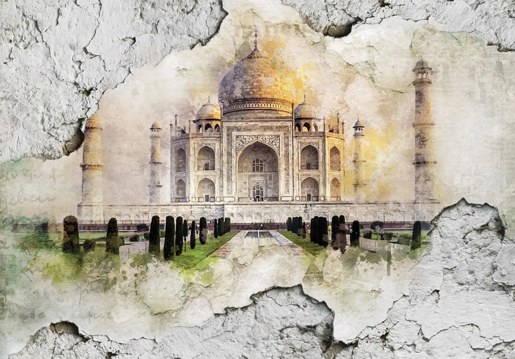 Billede 1 af Fototapet - Taj Mahal sæt bag krakeleret væg