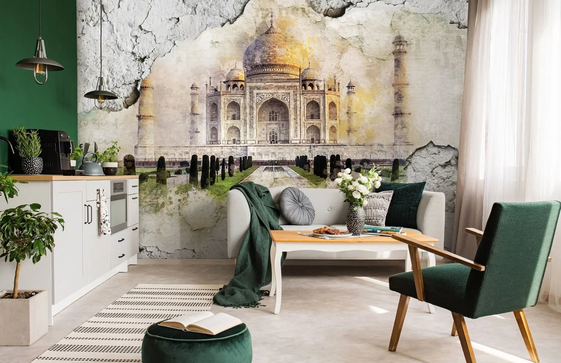 Billede 2 af Fototapet - Taj Mahal sæt bag krakeleret væg