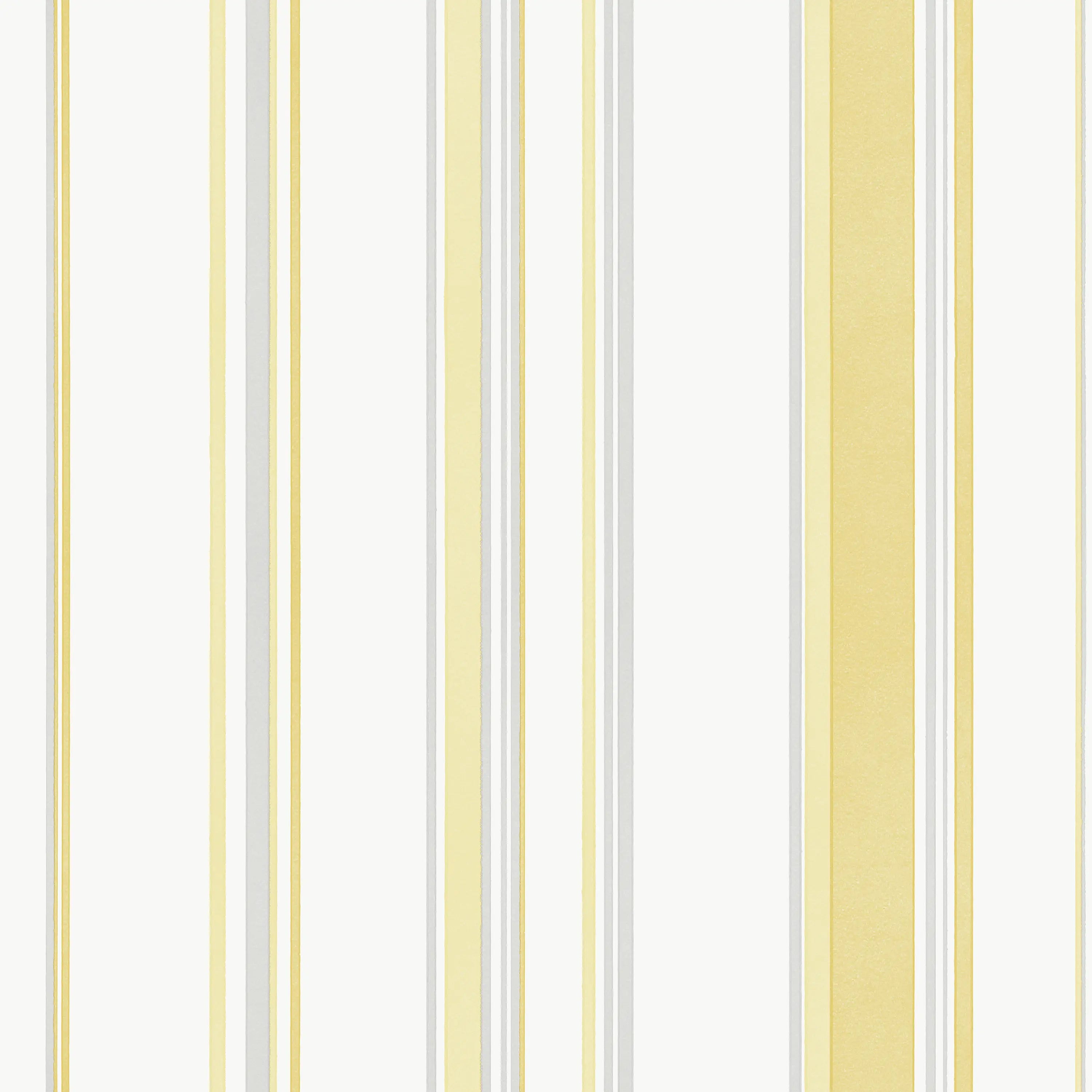 Nærbillede af tapetet Intersected Stripes - Sunbeam med lodrette gule, hvide og grå striber. Tapet tilgængeligt på Nicetapet.dk.