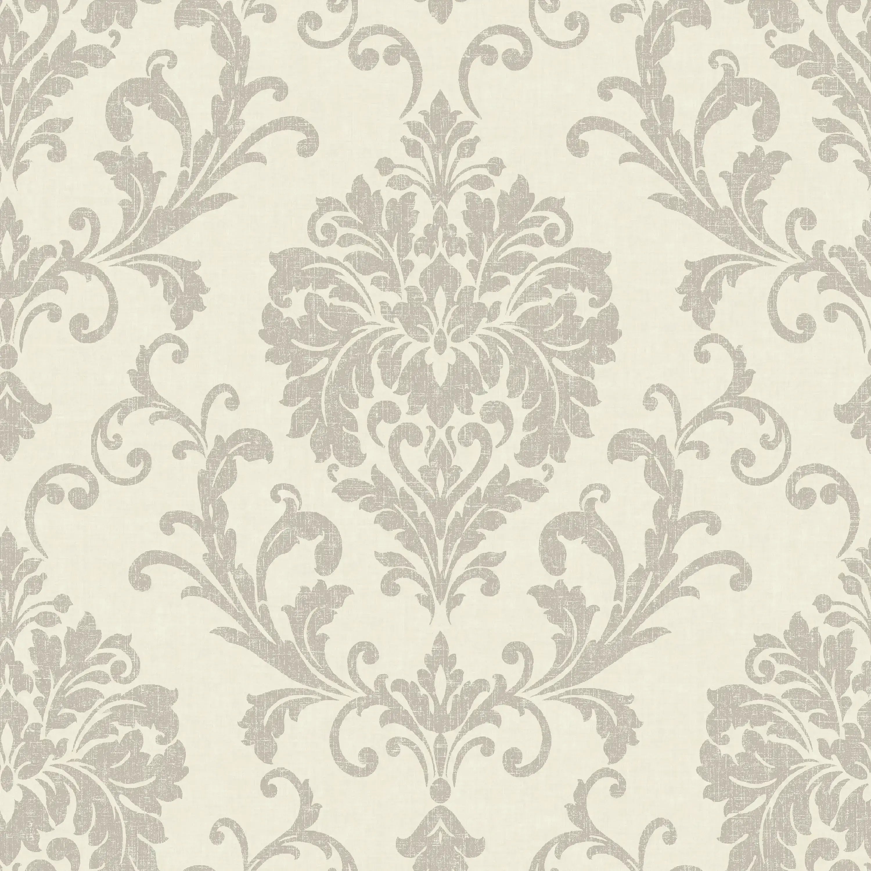 Et elegant tapetmønster med klassisk bladdesign i grå på en lys baggrund, kendt som Iconic Elegance - Ivory.
