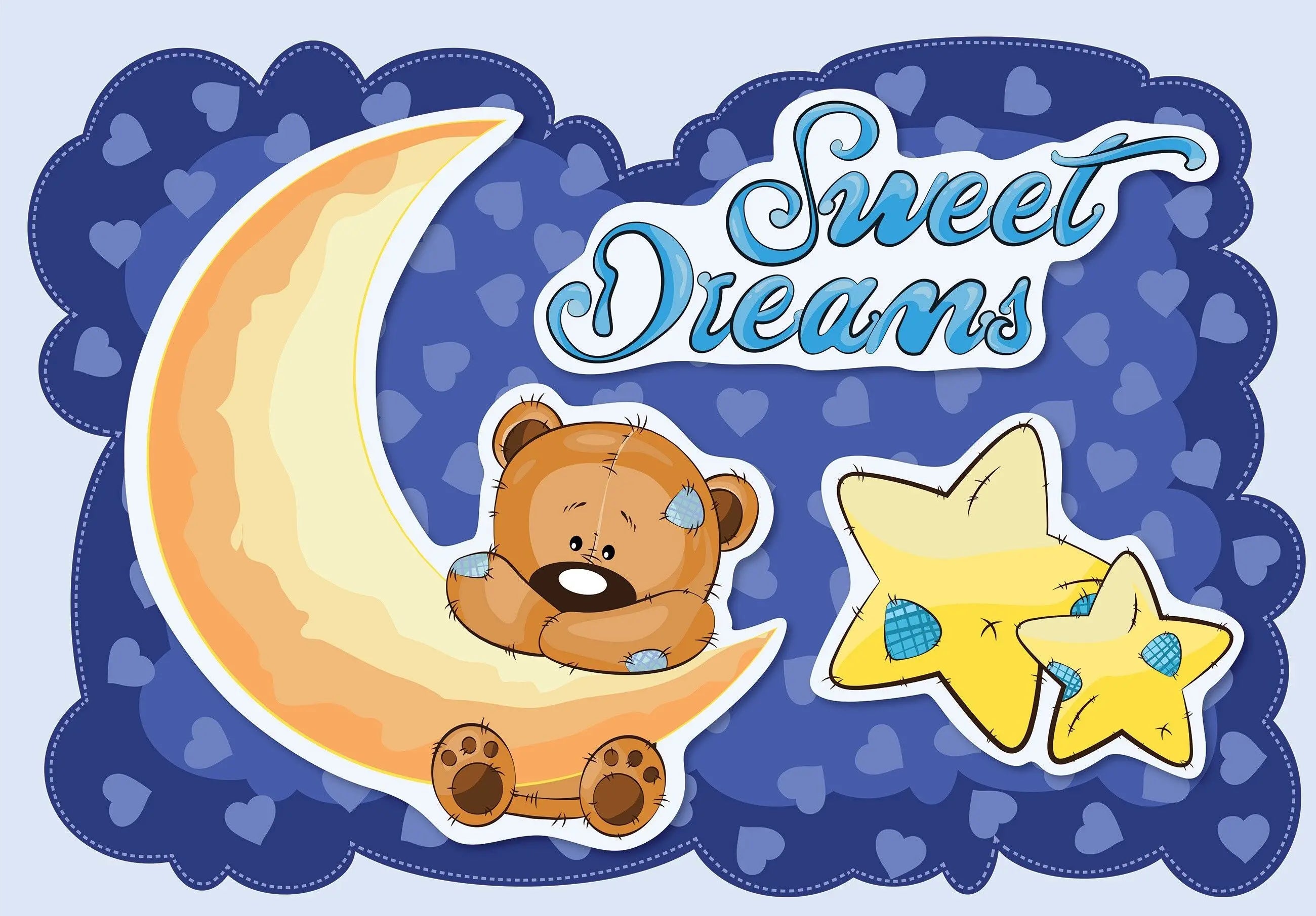 Billede 1 af Fototapet - Tegneseriebamse sover på måne med stjerner og teksten Sweet Dreams