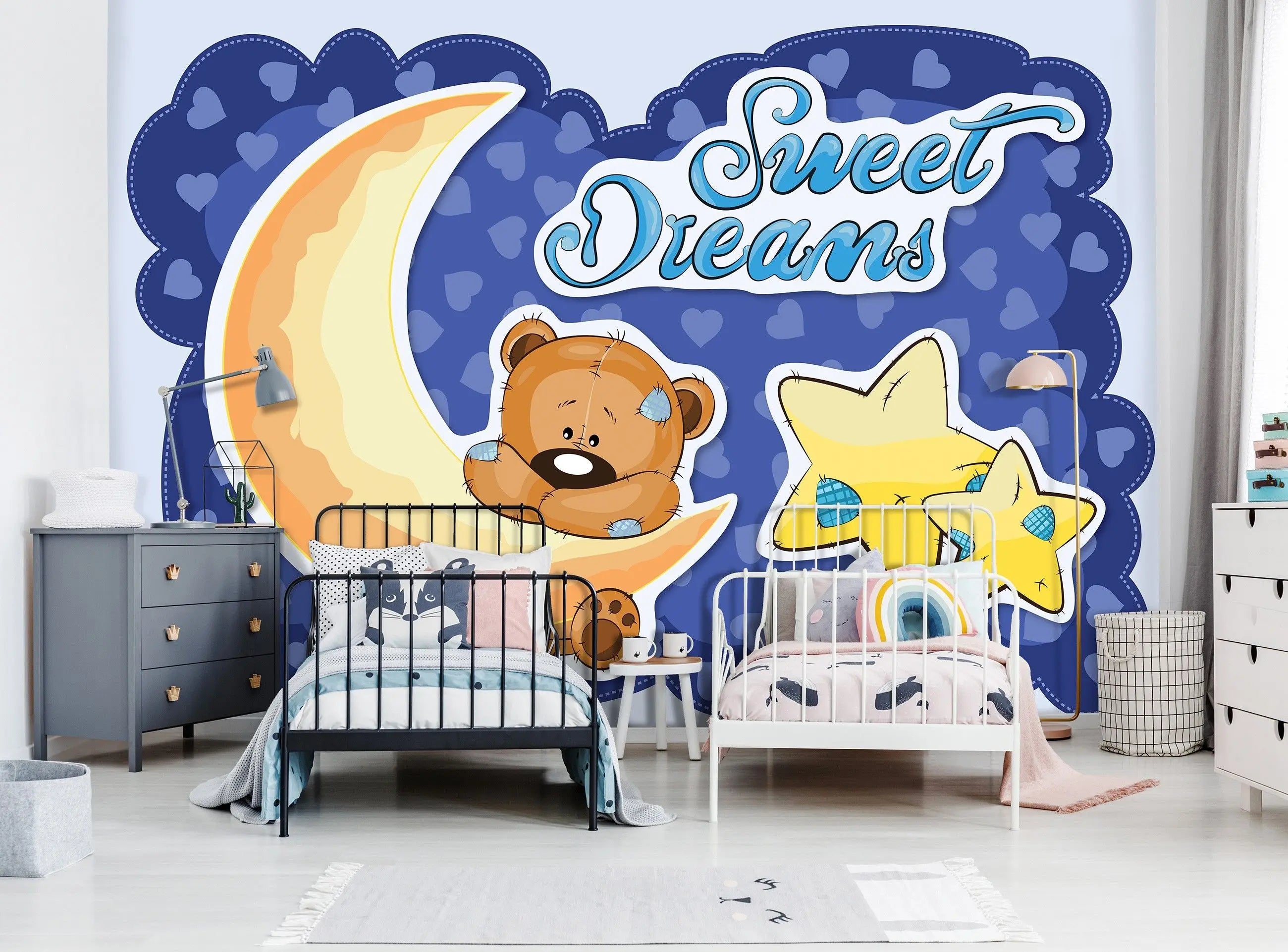 Billede 3 af Fototapet - Tegneseriebamse sover på måne med stjerner og teksten Sweet Dreams