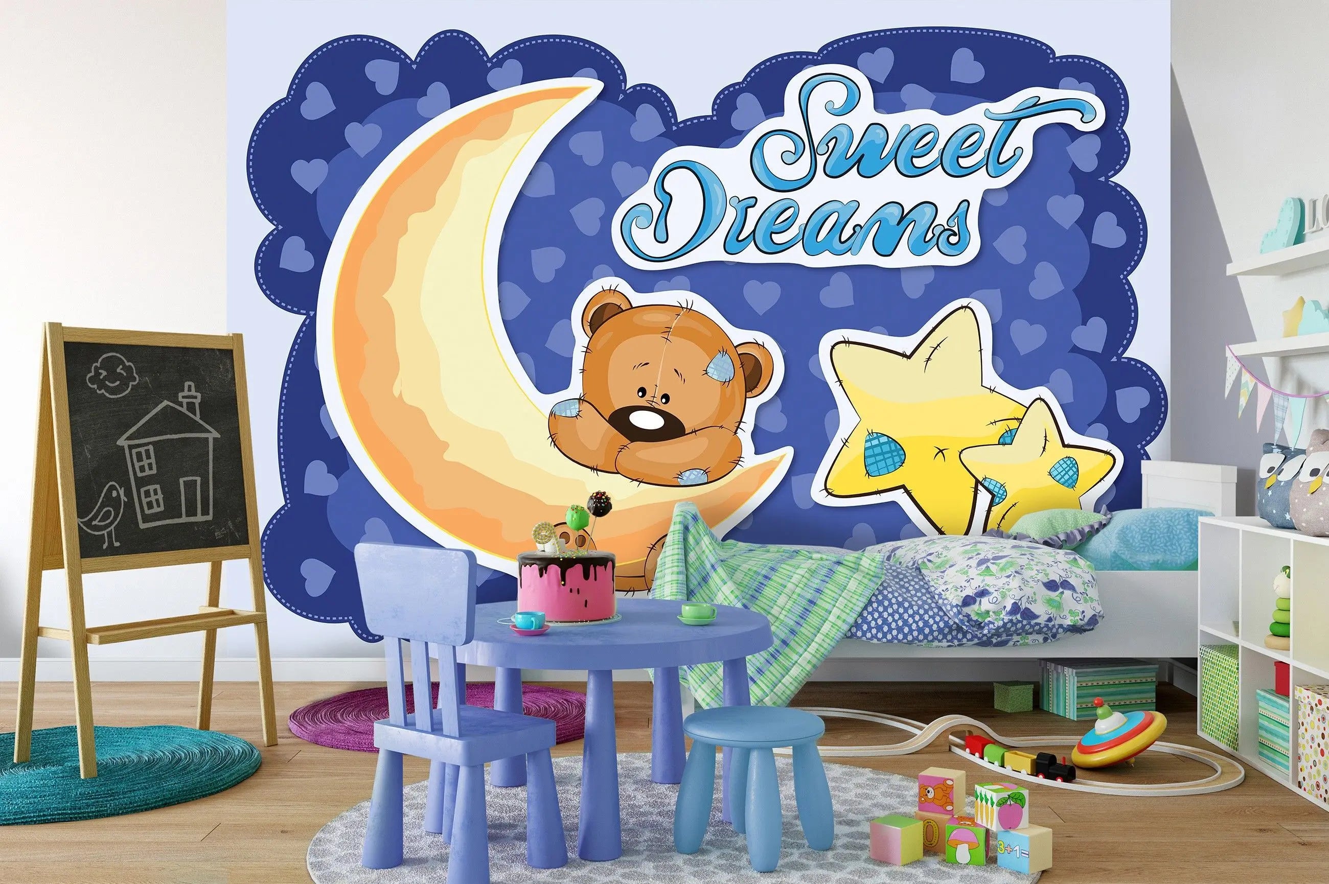 Billede 5 af Fototapet - Tegneseriebamse sover på måne med stjerner og teksten Sweet Dreams