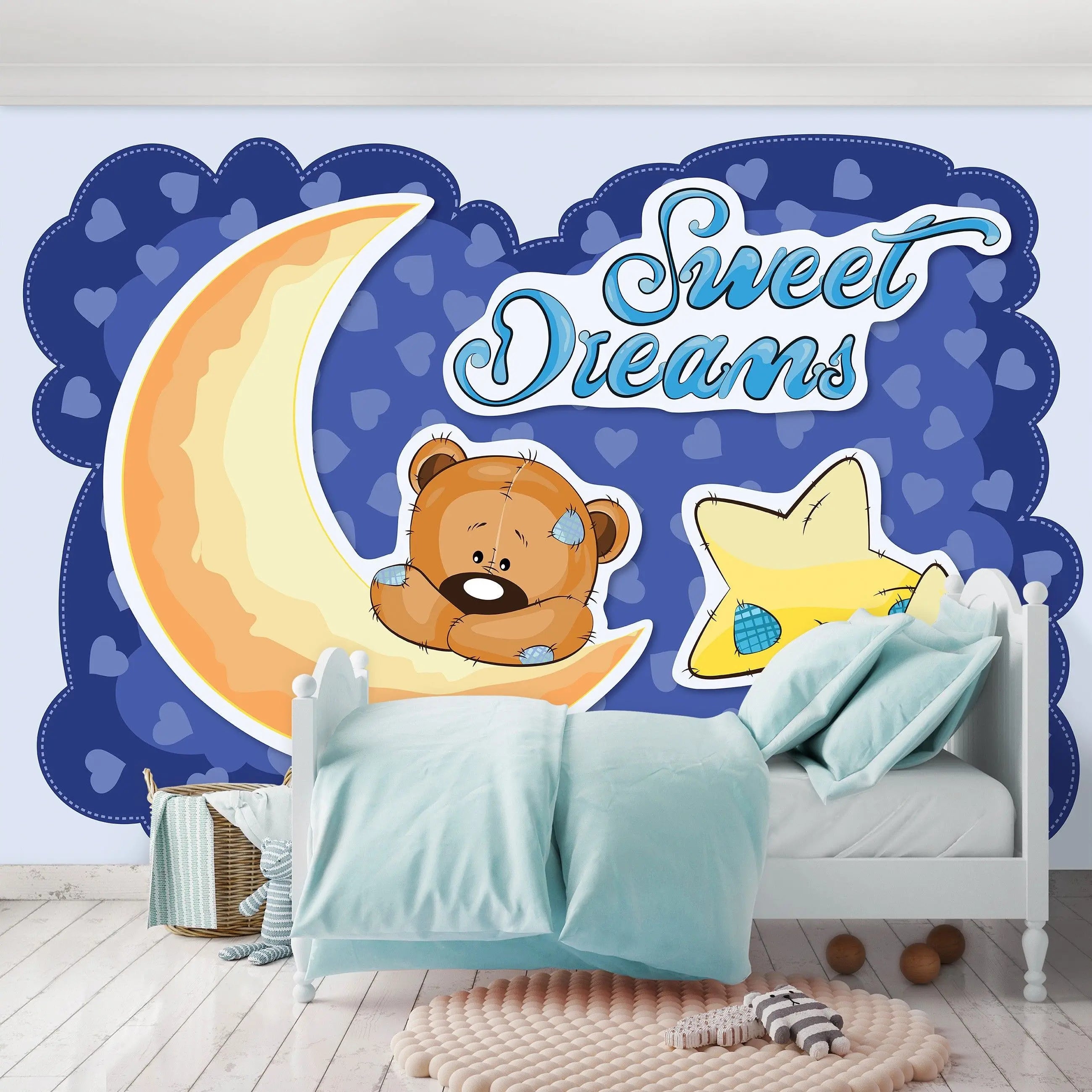 Billede 6 af Fototapet - Tegneseriebamse sover på måne med stjerner og teksten Sweet Dreams