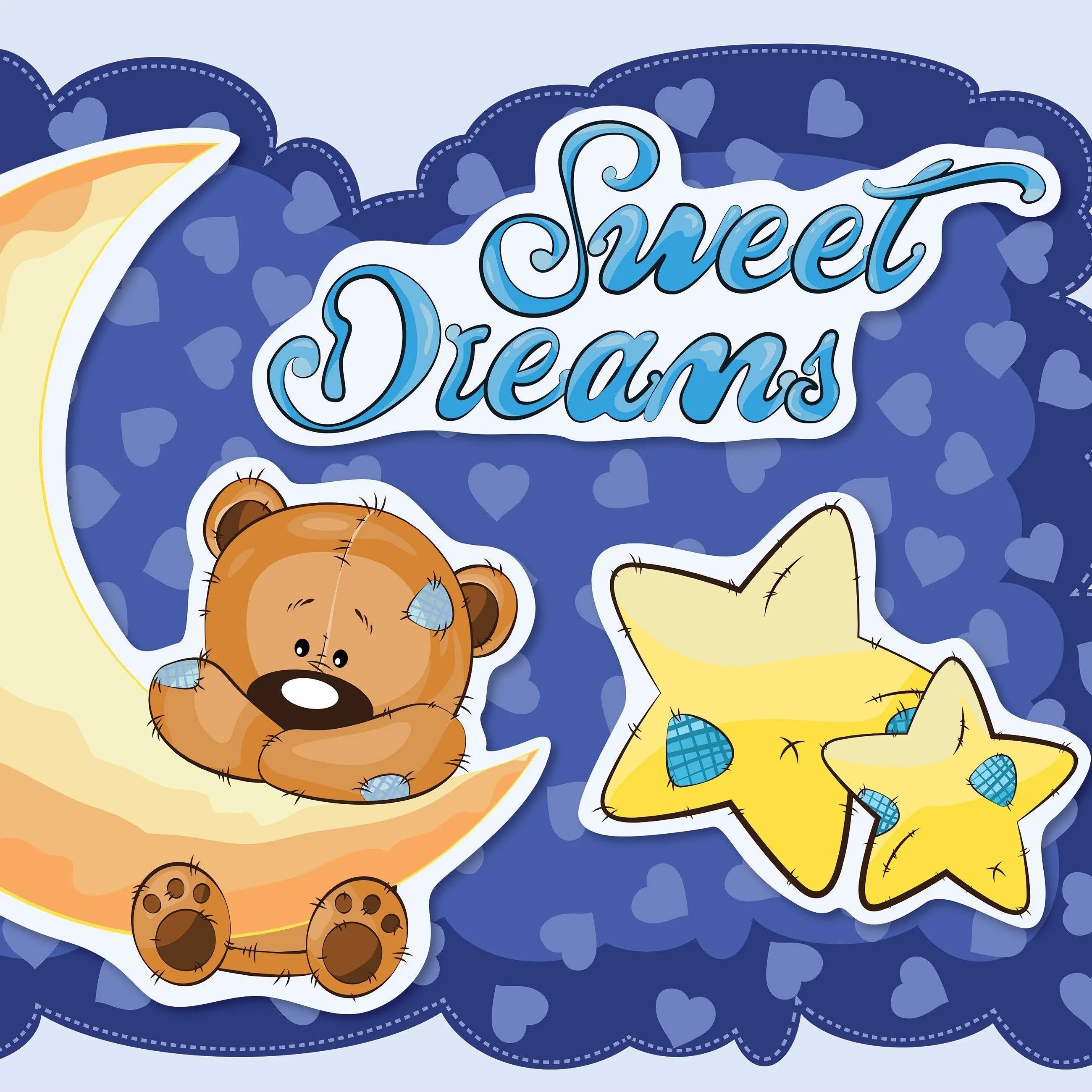 Billede 8 af Fototapet - Tegneseriebamse sover på måne med stjerner og teksten Sweet Dreams