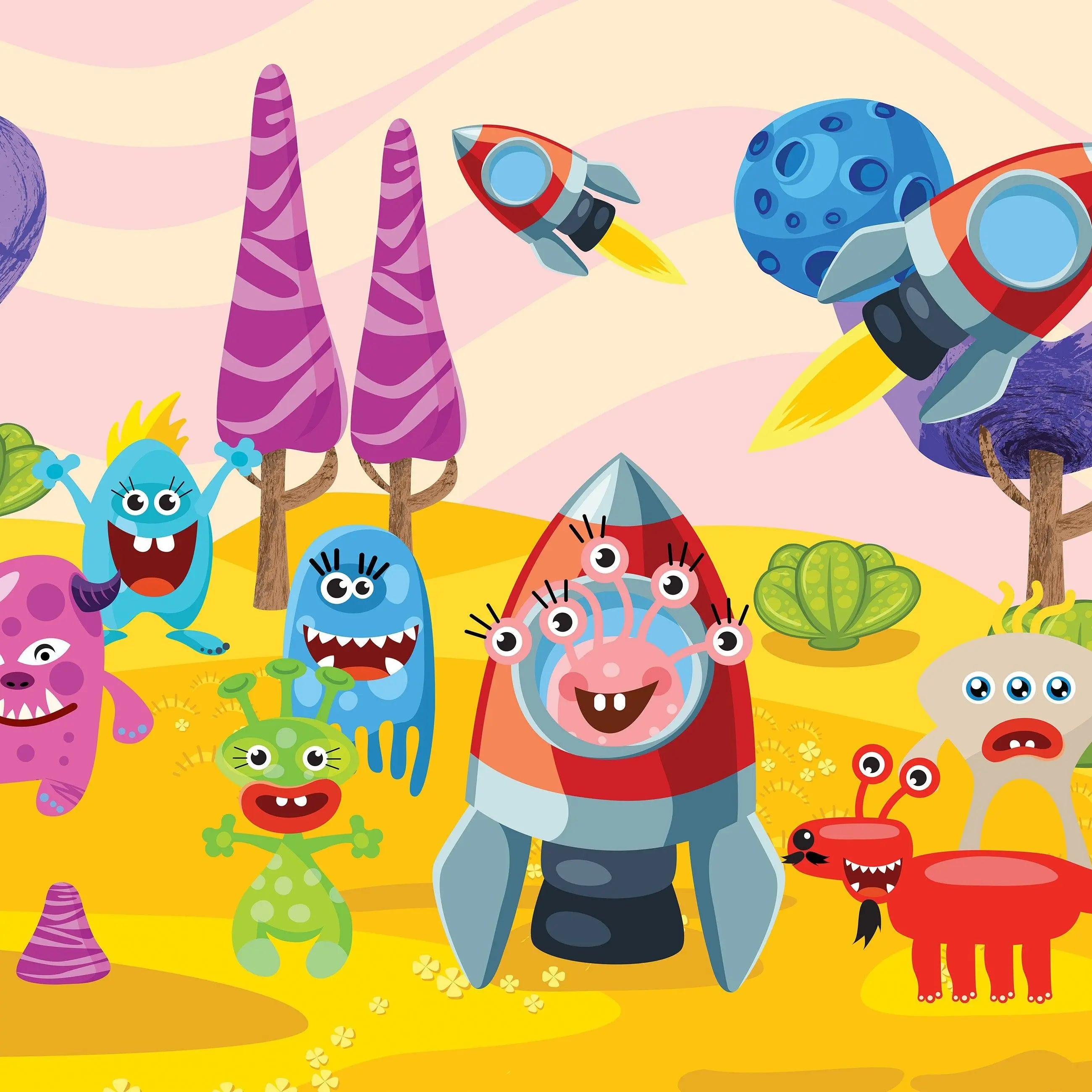 Billede 10 af Fototapet - Tegneseriemonstre med raketter på gul overflade