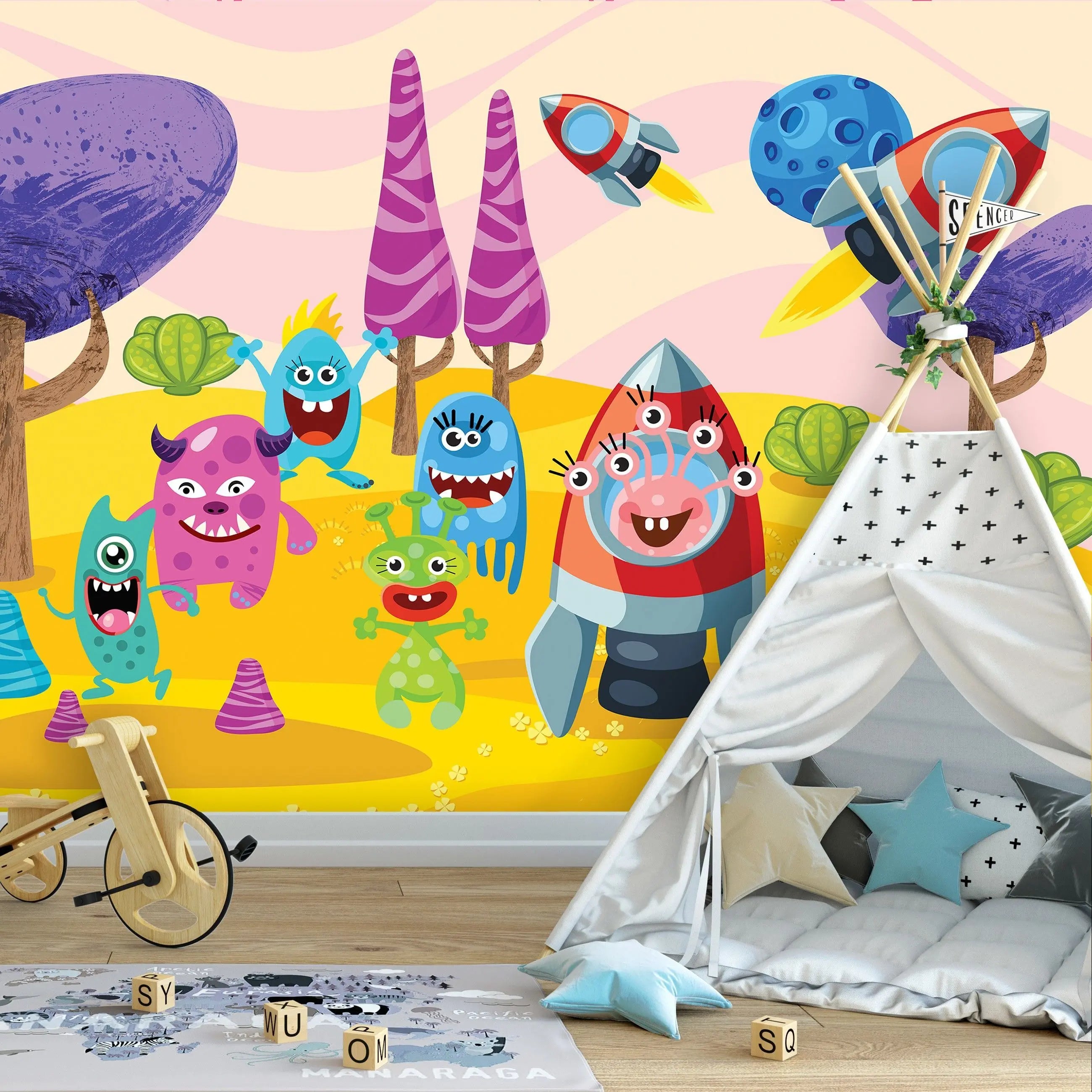 Billede 9 af Fototapet - Tegneseriemonstre med raketter på gul overflade