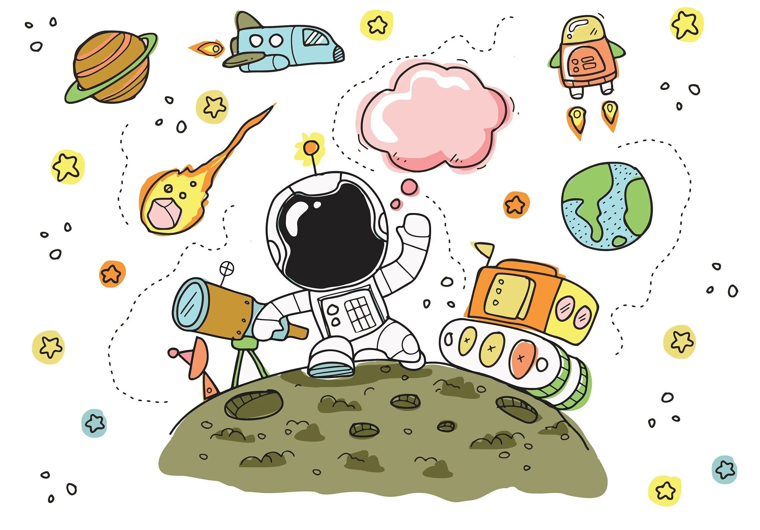 Billede 2 af Fototapet - Tegnet astronaut på grøn planet med teleskop og rumskib