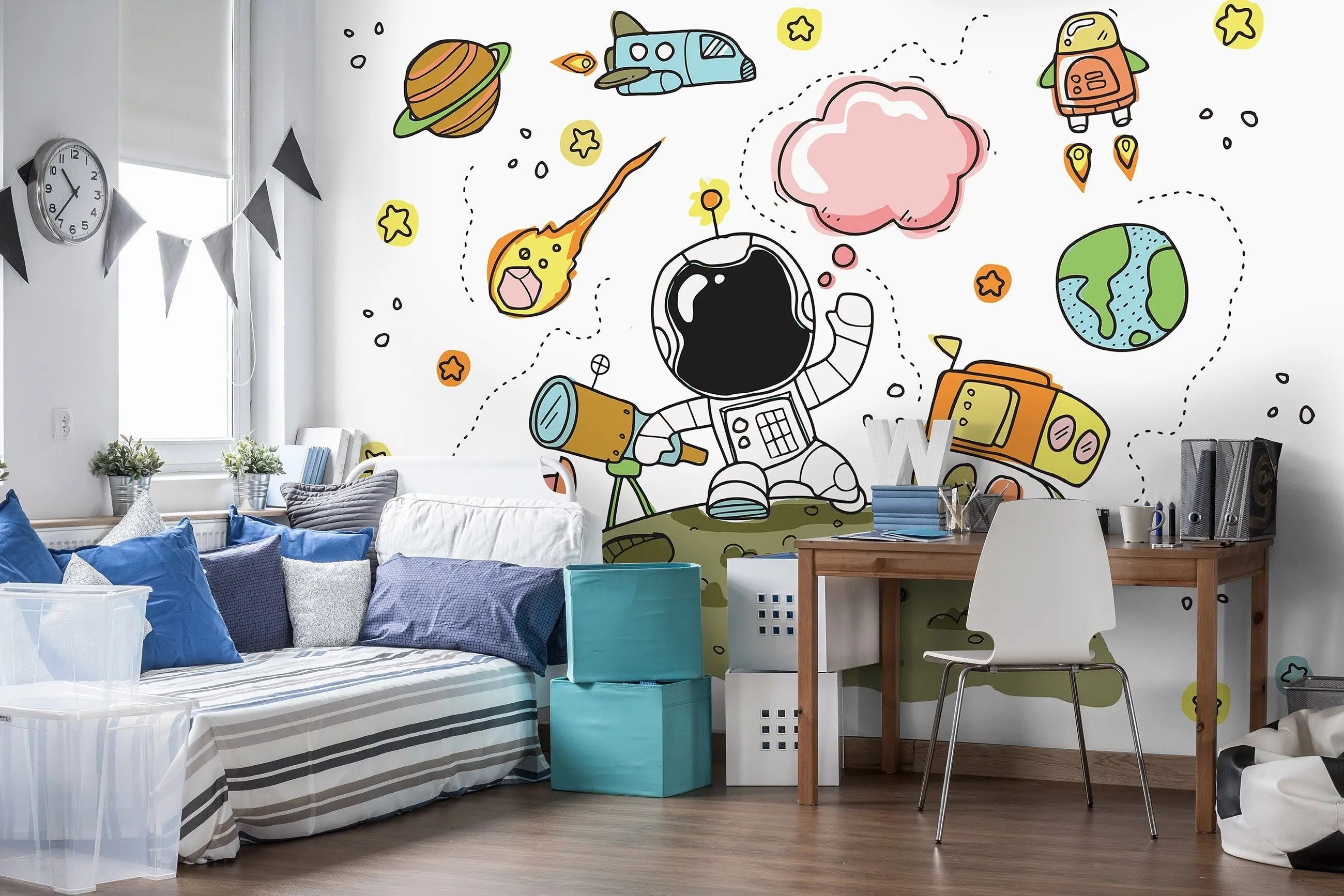 Billede 5 af Fototapet - Tegnet astronaut på grøn planet med teleskop og rumskib