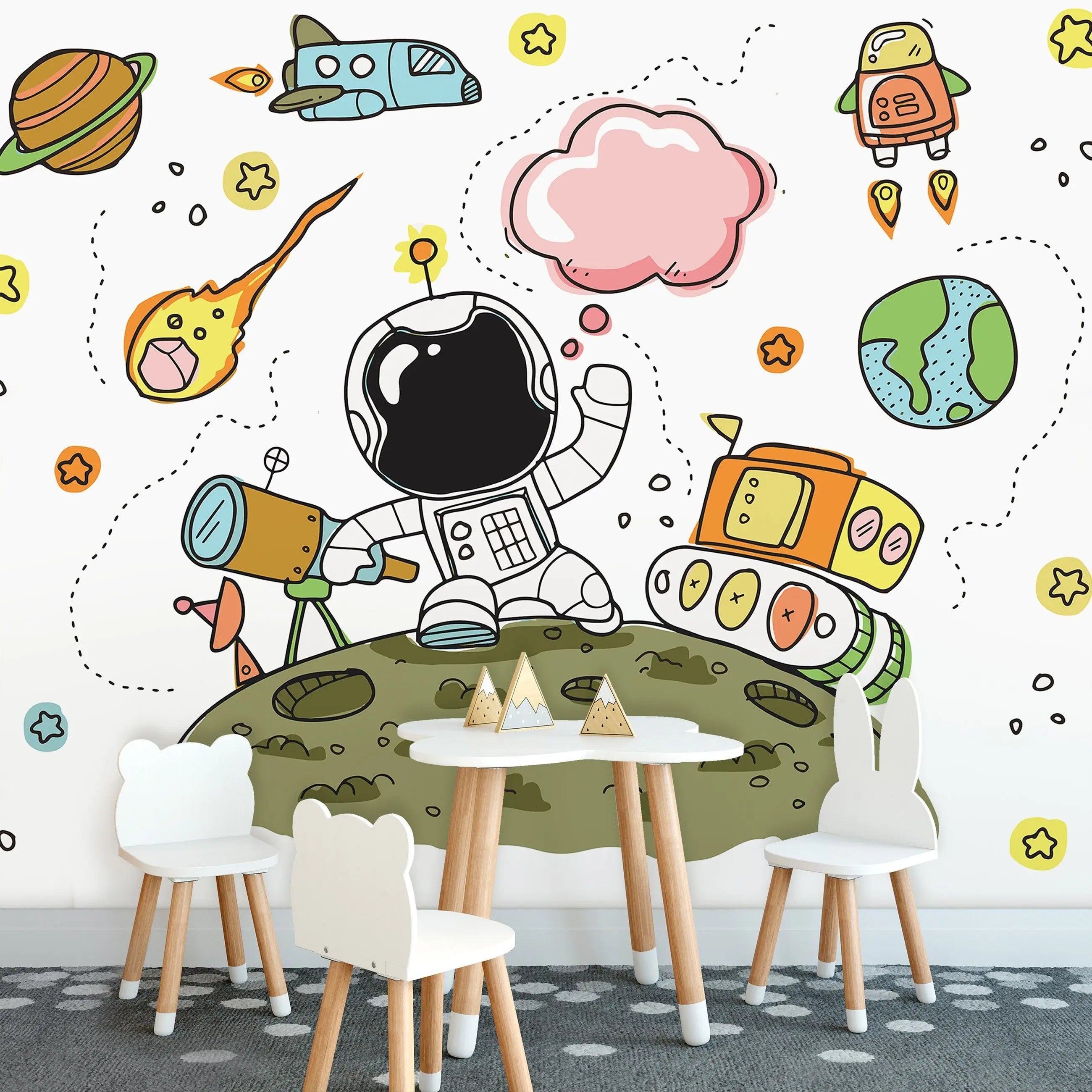 Billede 7 af Fototapet - Tegnet astronaut på grøn planet med teleskop og rumskib