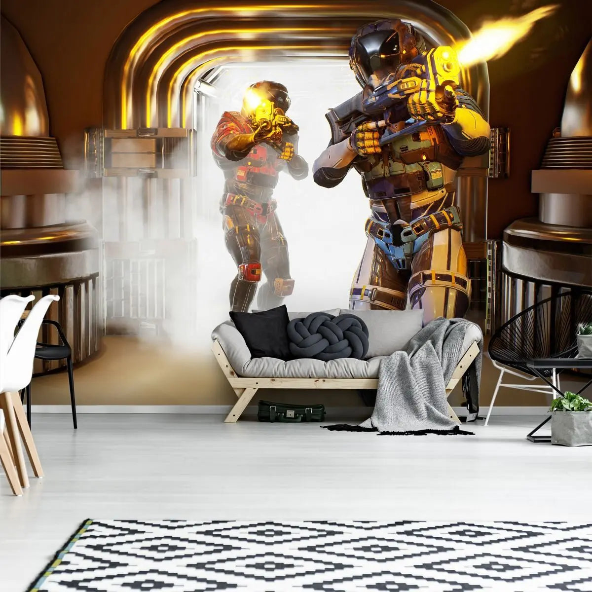 Billede 2 af Fototapet - To futuristiske soldater i rustning med skydevåben i metalgang