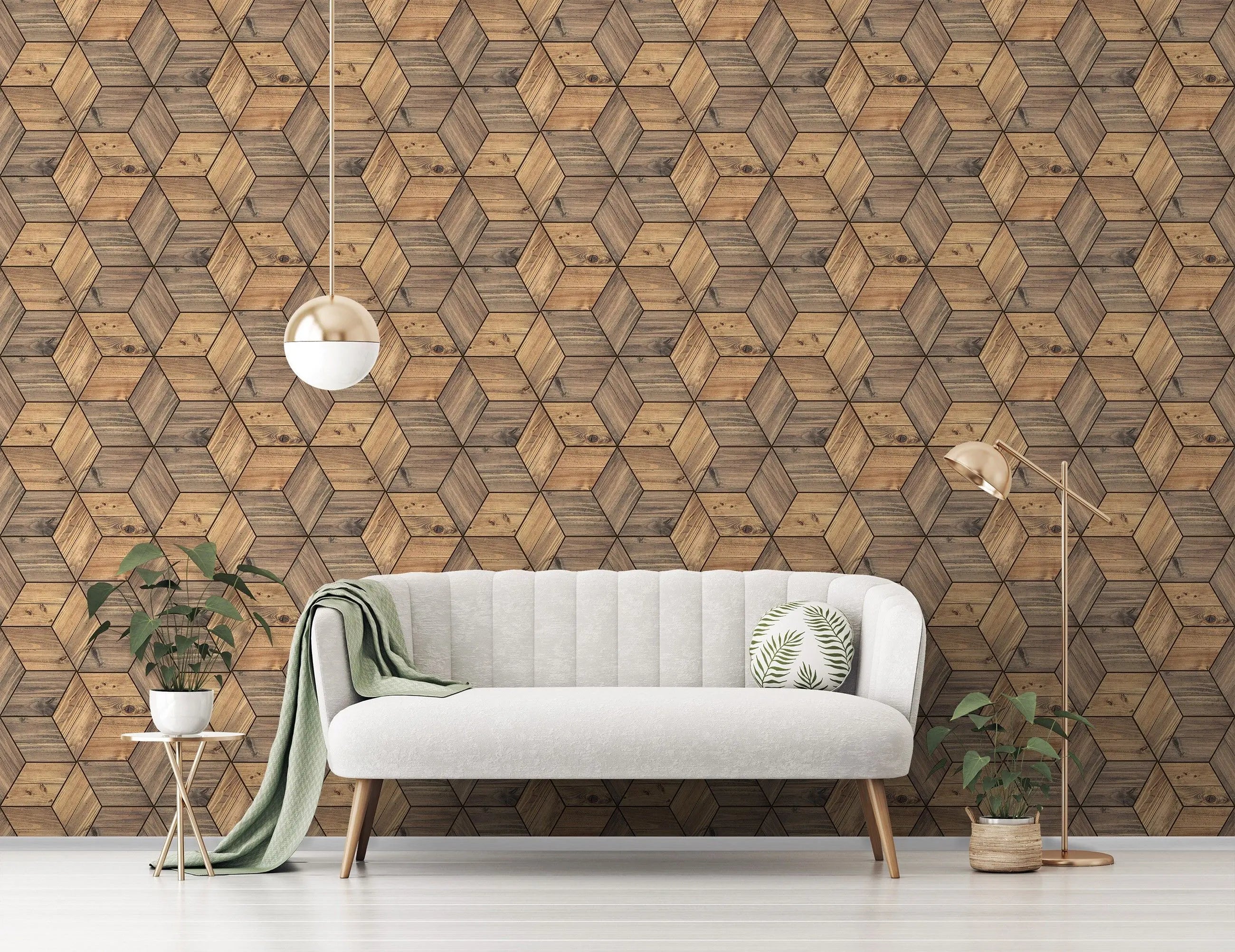 Billede 3 af Fototapet - Træfinér i tredimensionelt kube-mønster