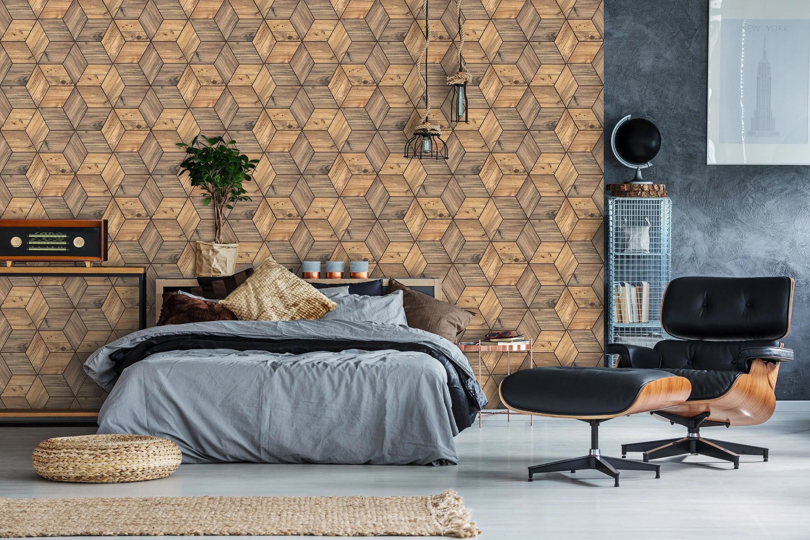 Billede 4 af Fototapet - Træfinér i tredimensionelt kube-mønster