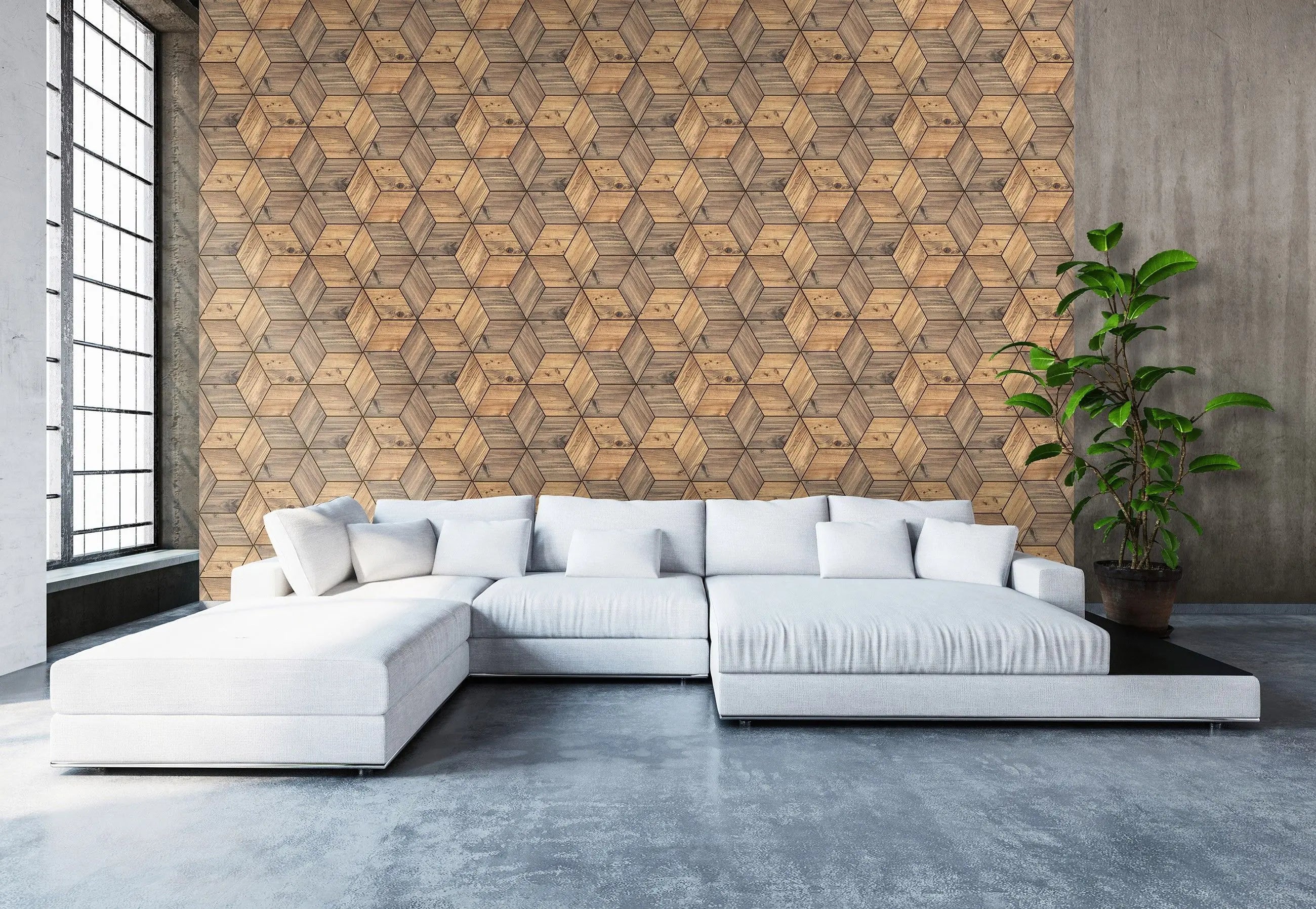 Billede 5 af Fototapet - Træfinér i tredimensionelt kube-mønster