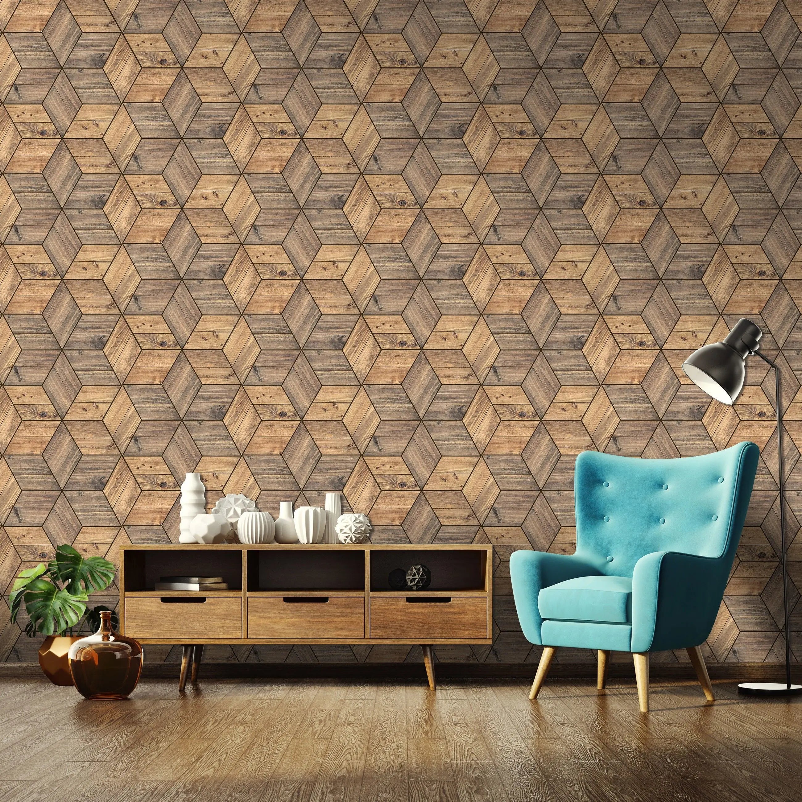 Billede 7 af Fototapet - Træfinér i tredimensionelt kube-mønster