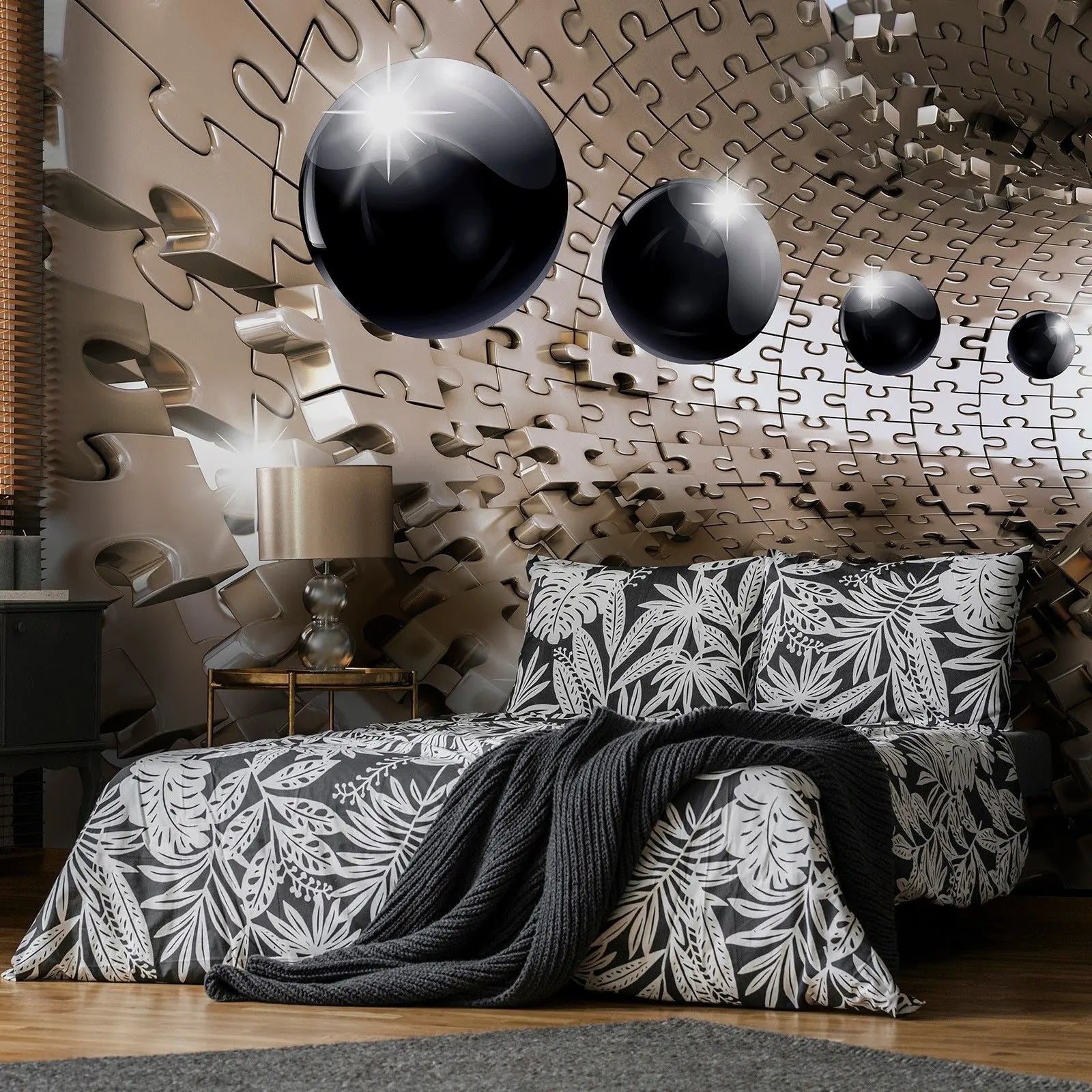 Billede 3 af Fototapet - Tredimensionel puslespil tunnel med sorte kugler og lysglimt