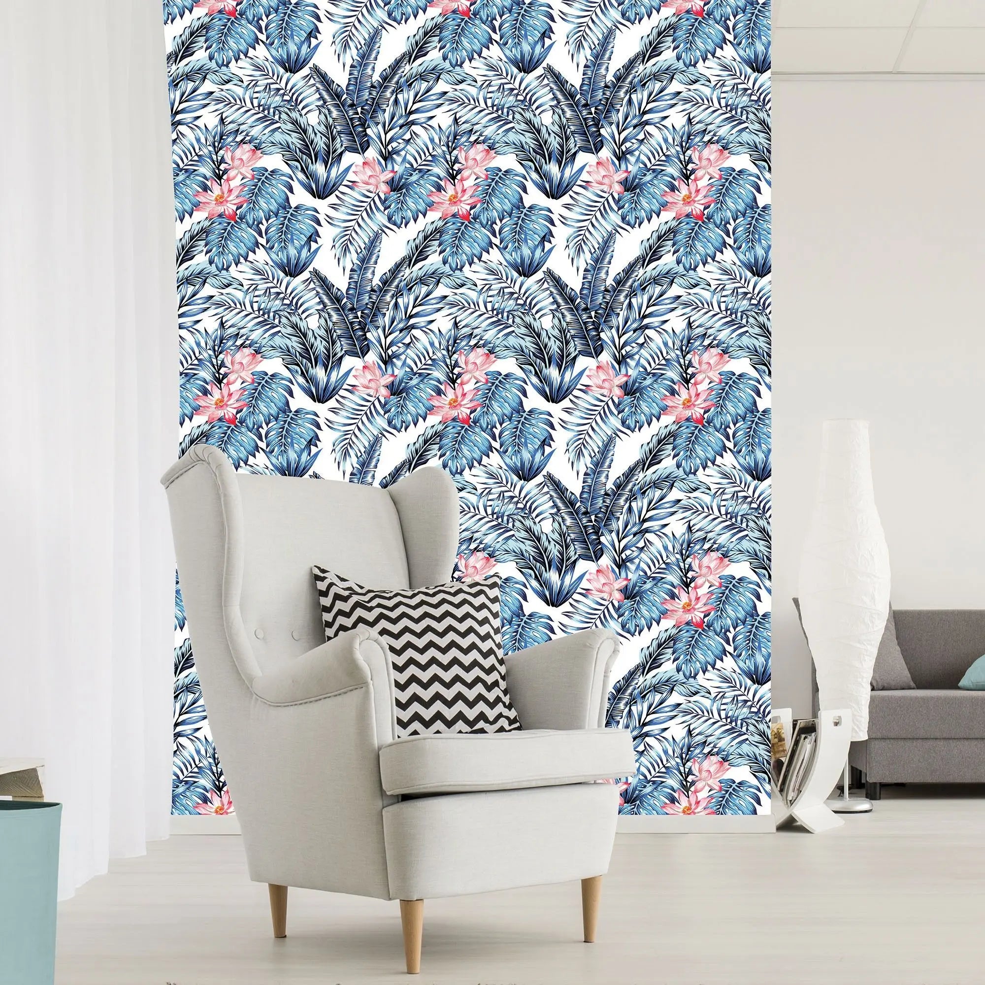 Billede 13 af Fototapet - Tropisk blad- og blomsterprint i blå og lyserød