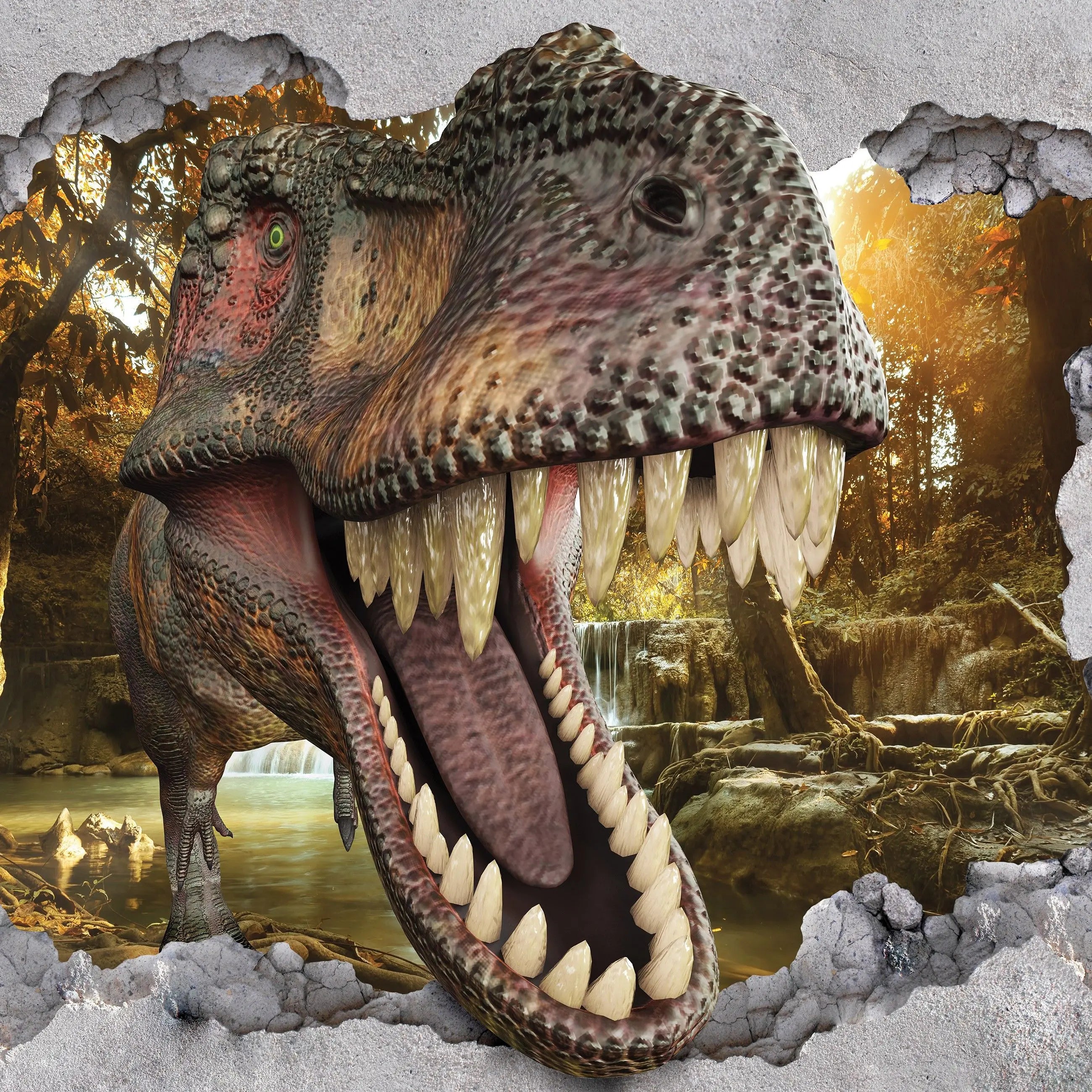 Billede 15 af Fototapet - Tyrannosaurus Rex Hoved Gennem Knækket Mur med Skovbaggrund