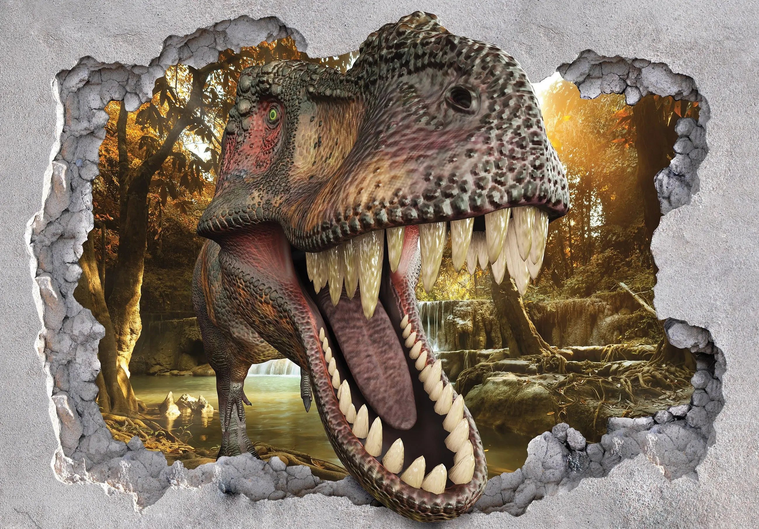 Billede 9 af Fototapet - Tyrannosaurus Rex Hoved Gennem Knækket Mur med Skovbaggrund