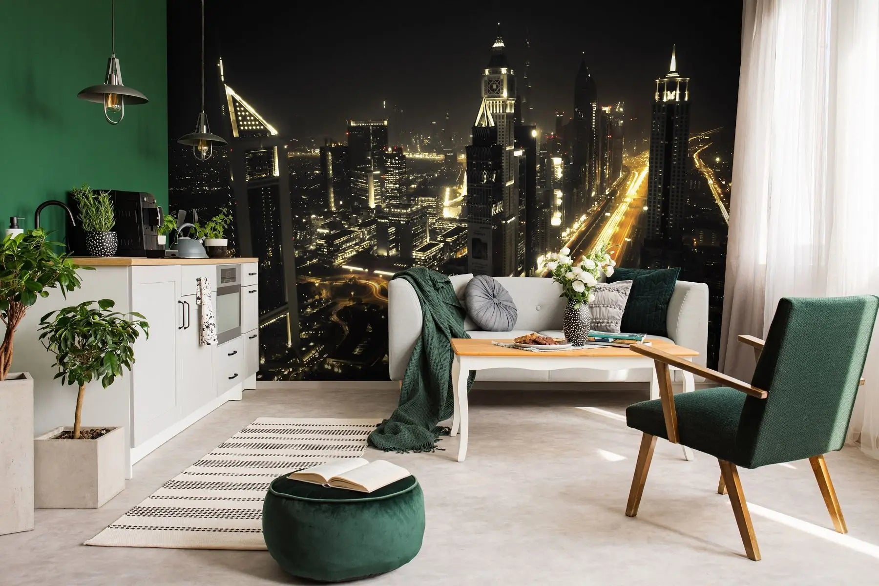 Billede 4 af Fototapet - Udsigten om natten over oplyste skyskrabere og motorvej i Dubai