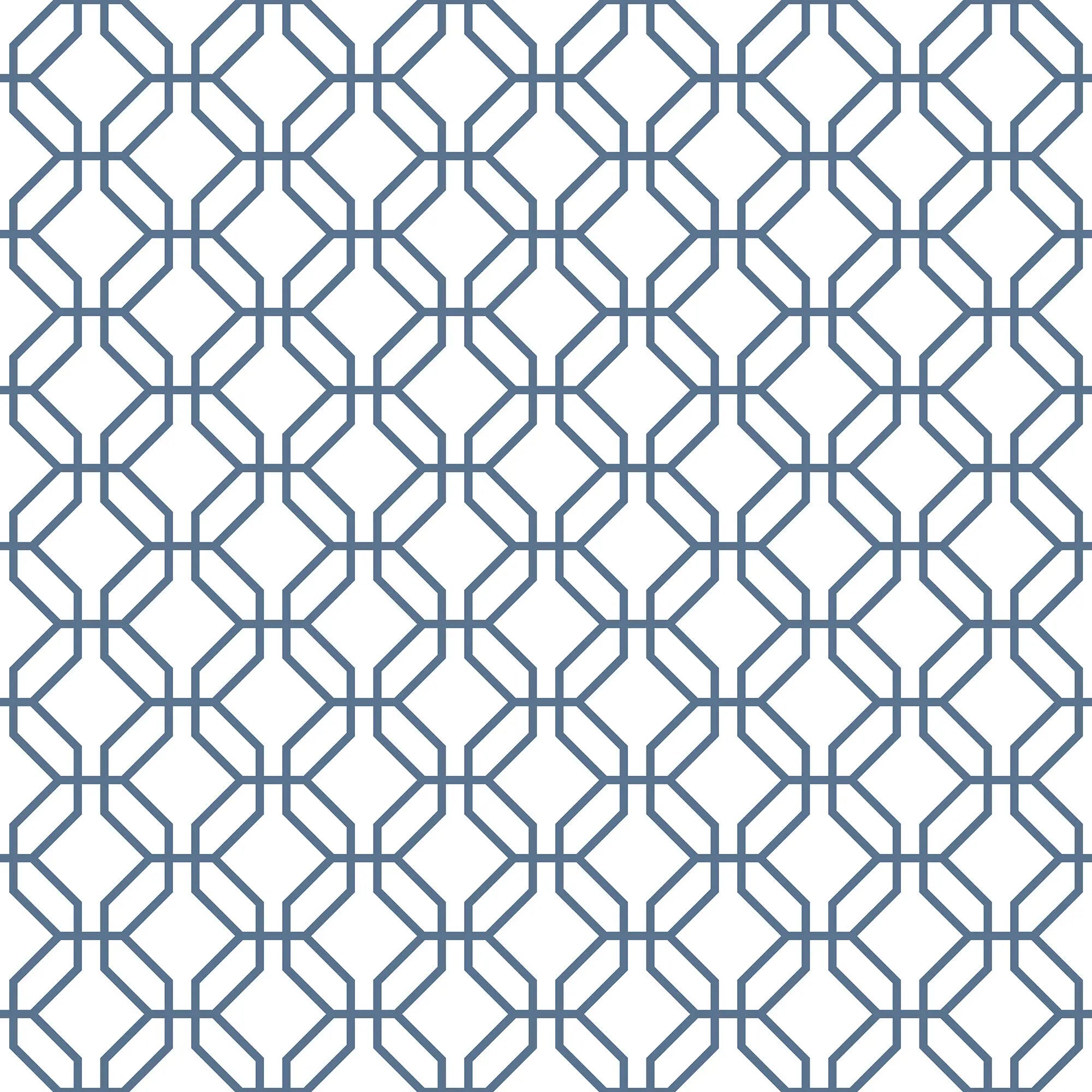 Tæt billede af Veiled Links - Denim tapet med et geometrisk mønster i blå og hvid. Mønsteret består af forbundne firkanter i en elegant stil.