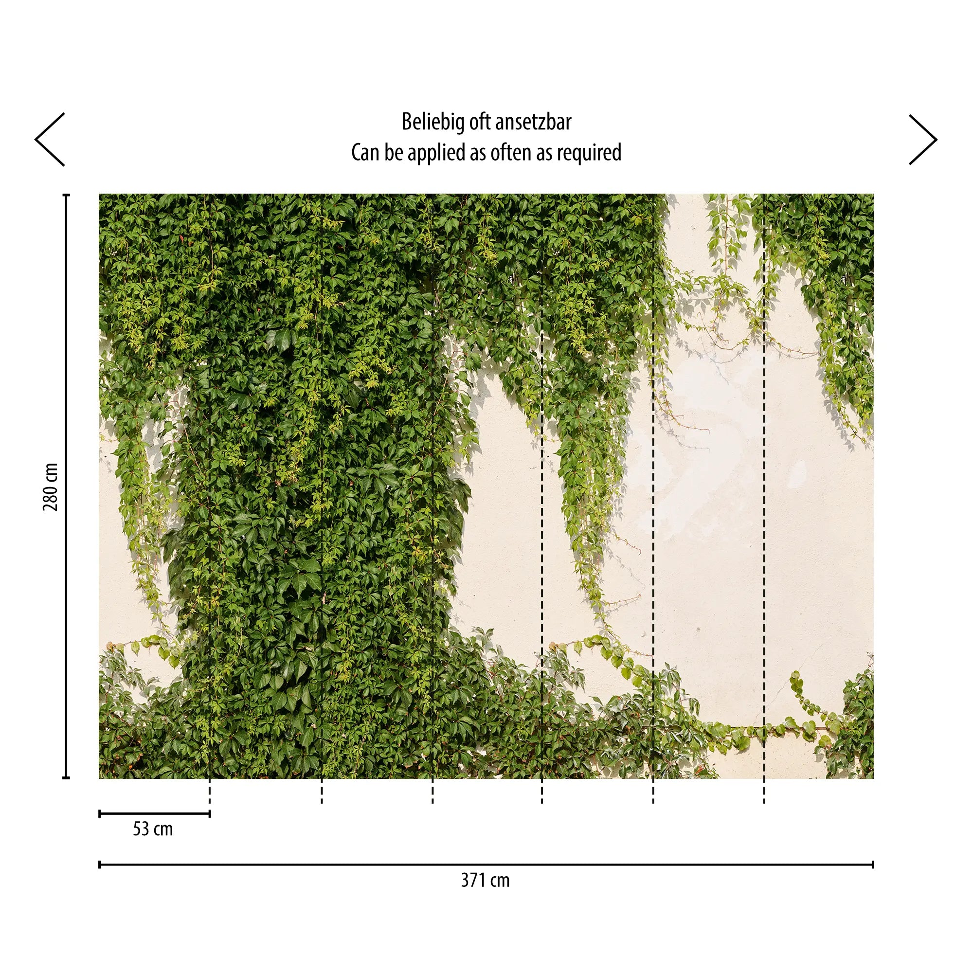 Billedet fra Nicetapet.dk viser målene på 'Verdant Cascade' tapetet med grønne planter, både i højde og bredde.