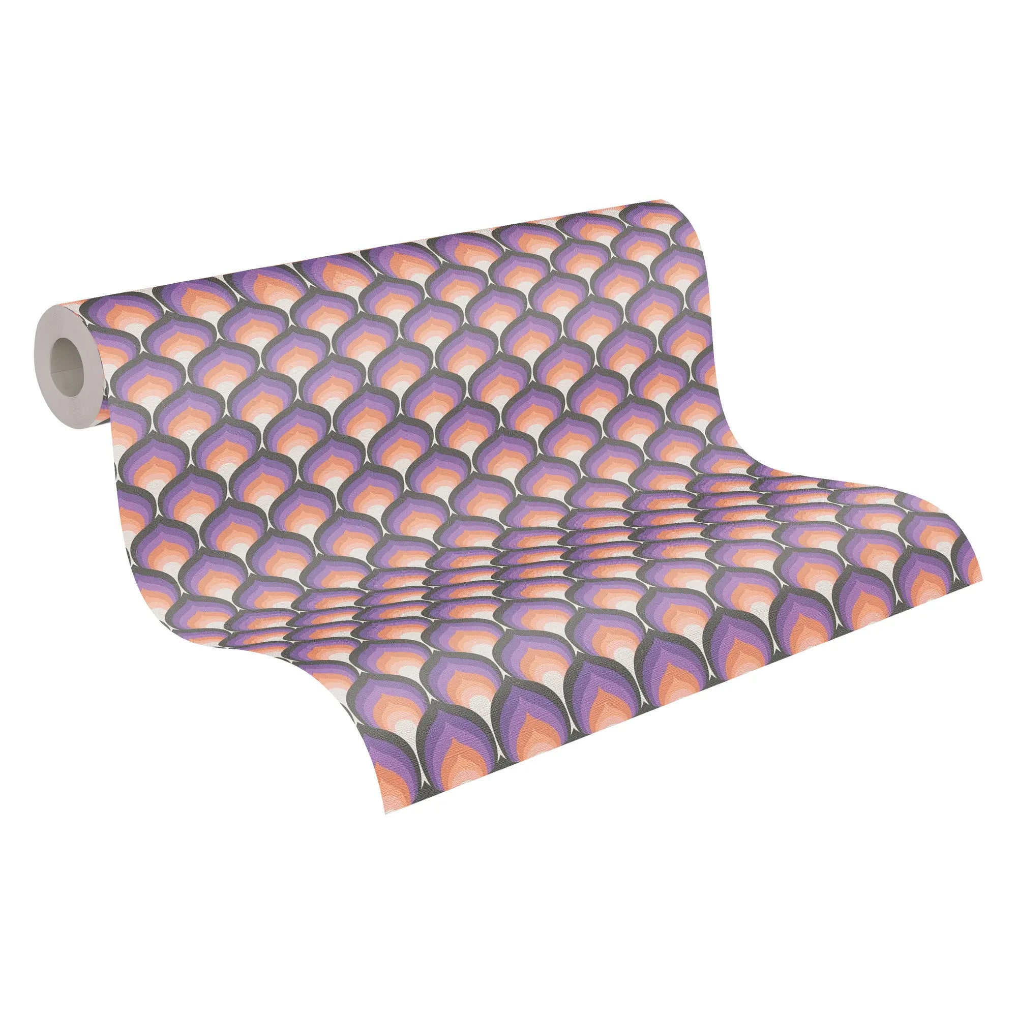 Visning af en rulle Veronica - Lavender Dream tapet med lilla og beige mønstre på Nicetapet.dk