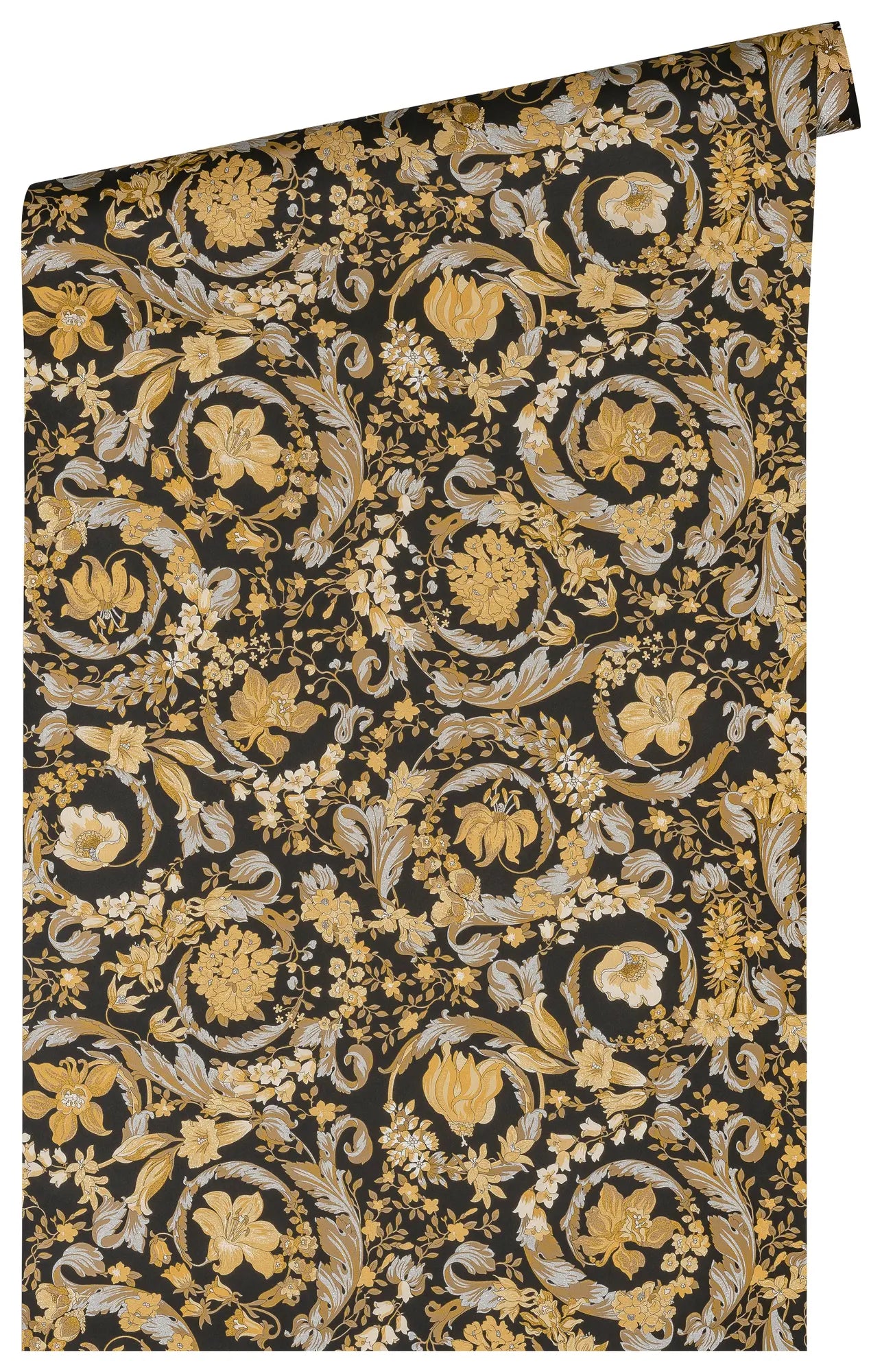 Billede af en udrullet Versace Virtus Heritage - Black Gold tapetrulle, der viser det detaljerede guldblomsterdesign på sort baggrund.