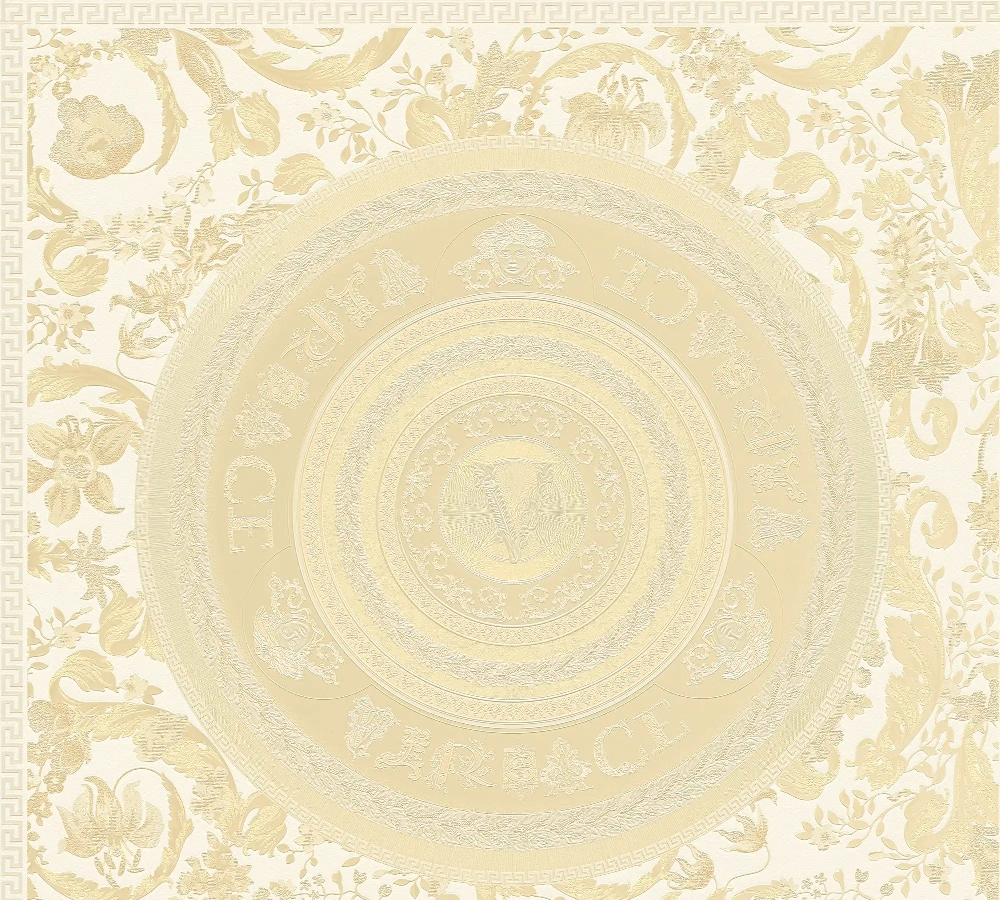 Versace Virtus - Muted Gold tapet med et sofistikeret cirkulært mønster i afdæmpet guld, dekorativt detaljeret design.
