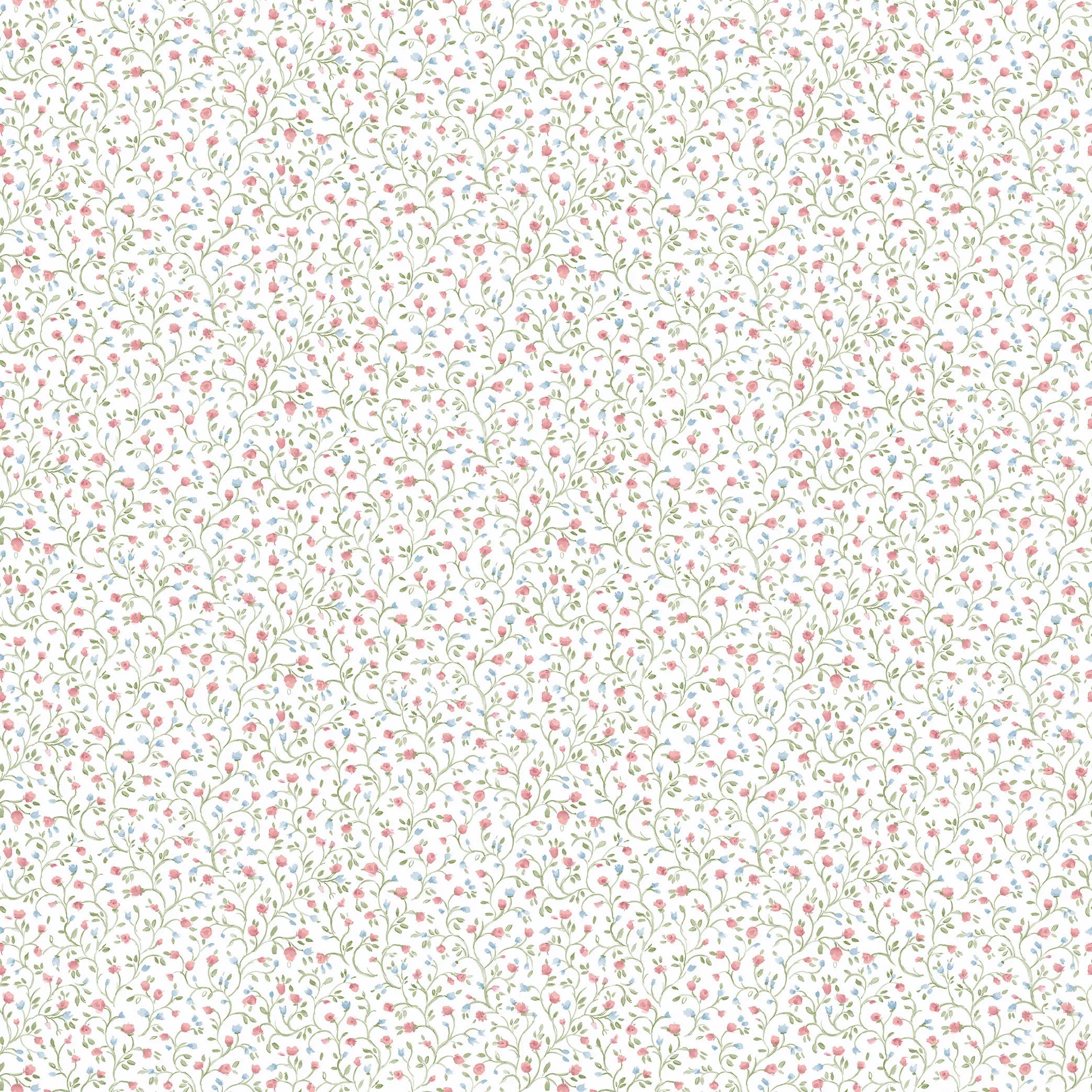 Tapet Whimsical Vines - Blossom Pink med et indviklet blomstermønster i lyserød, grøn og blå på hvid baggrund.