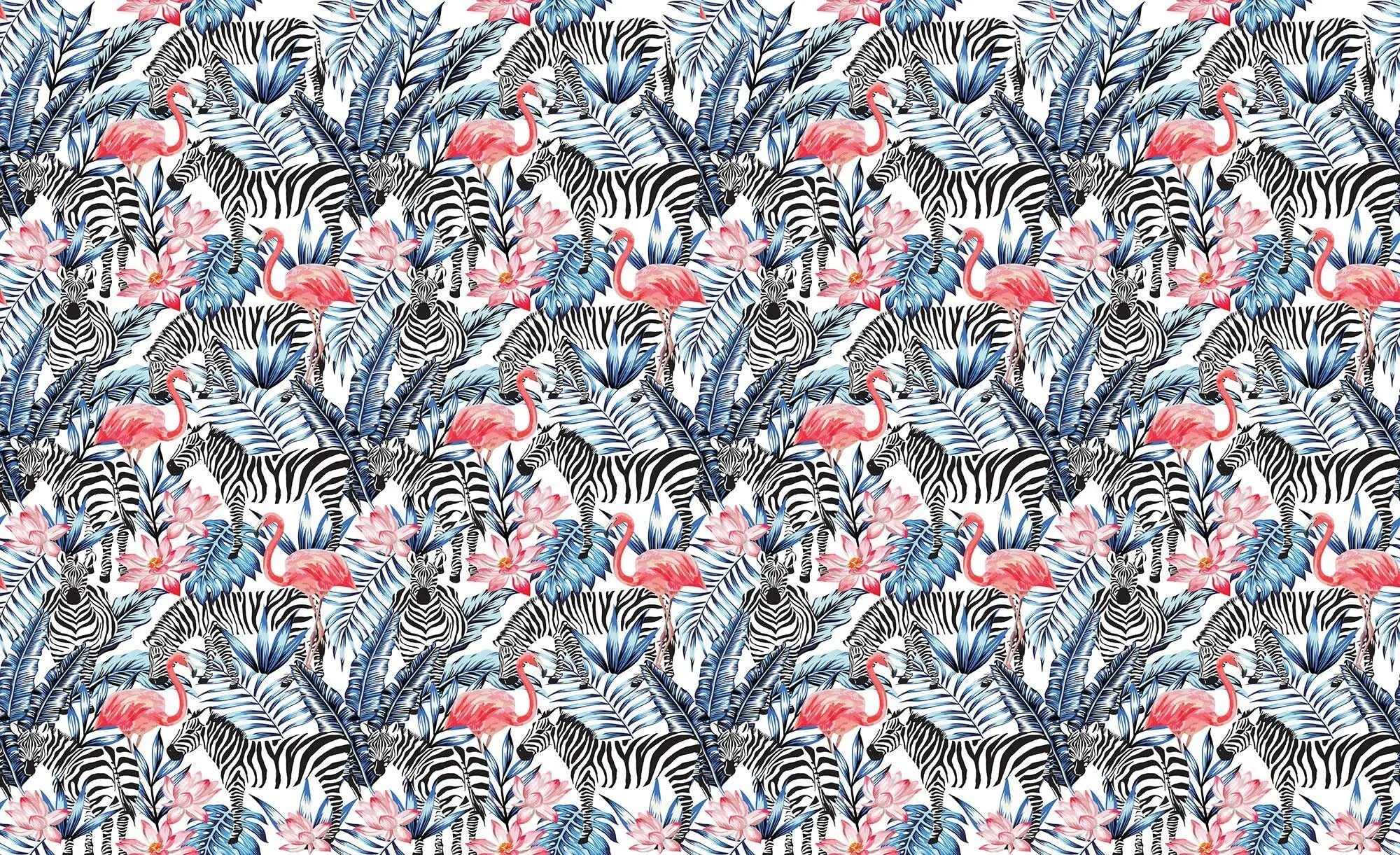 Billede 1 af Fototapet - Zebraer og lyserøde flamingoer med tropiske blade